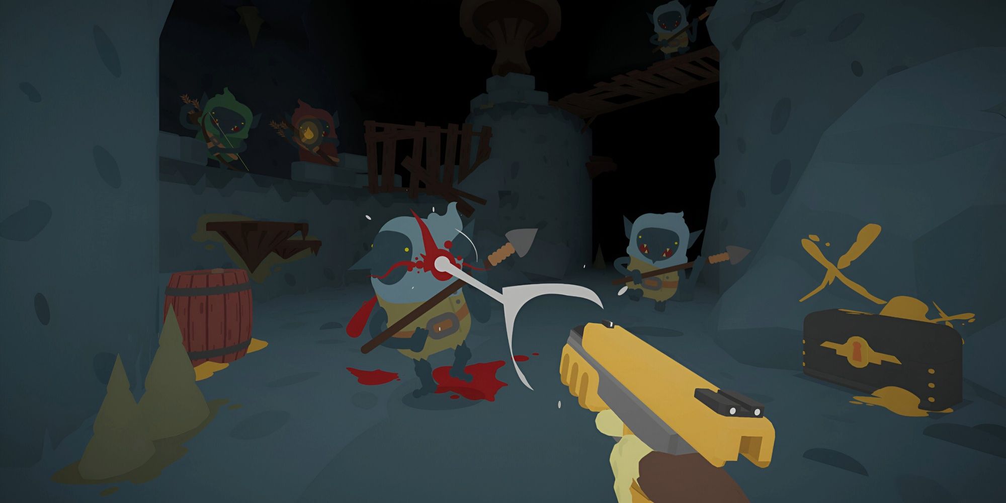 Sulfur screenshot of player shooting Goblins in the head with a gold glock.