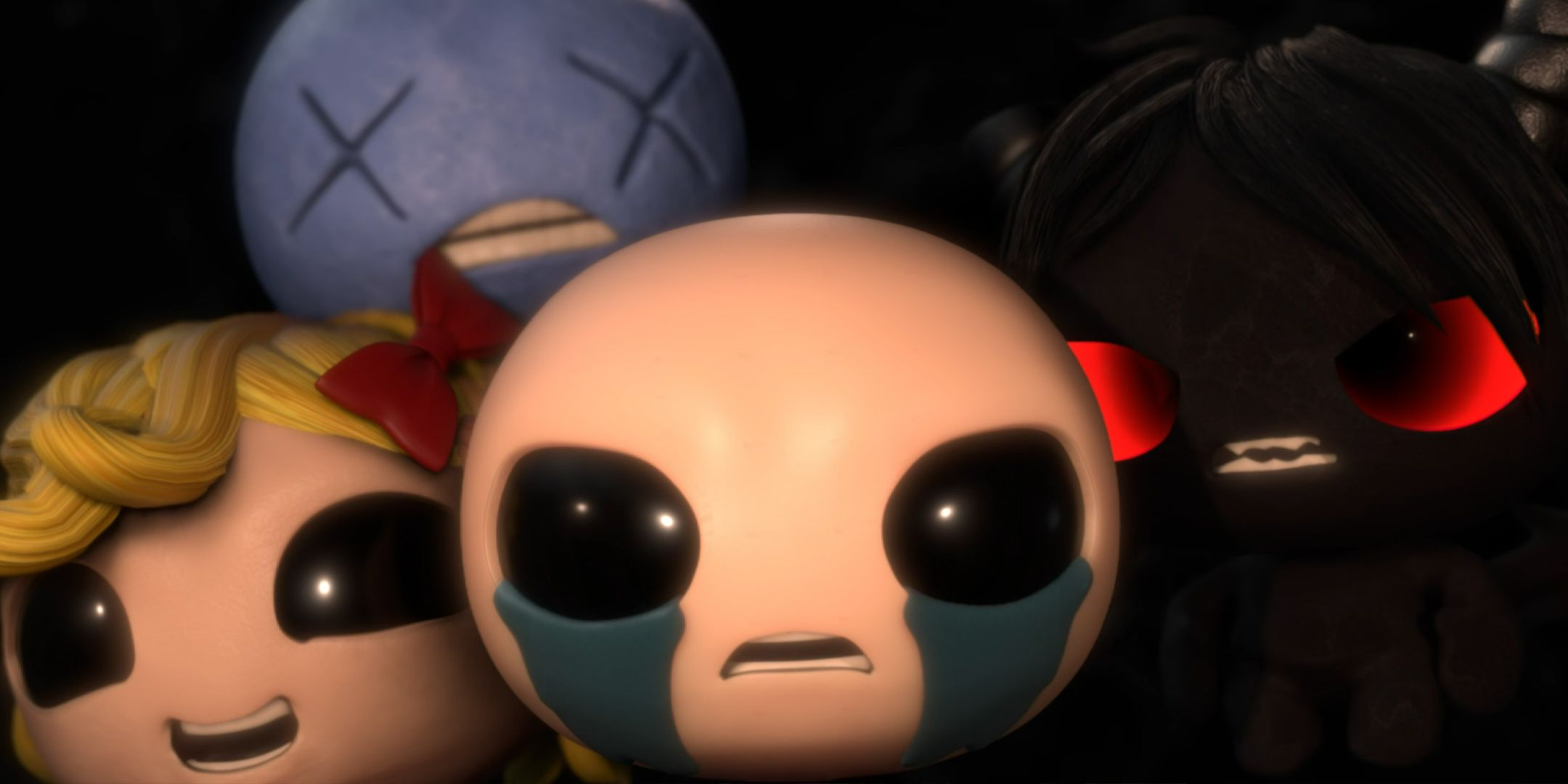 The Binding of Isaac characters huddled together against a black background.