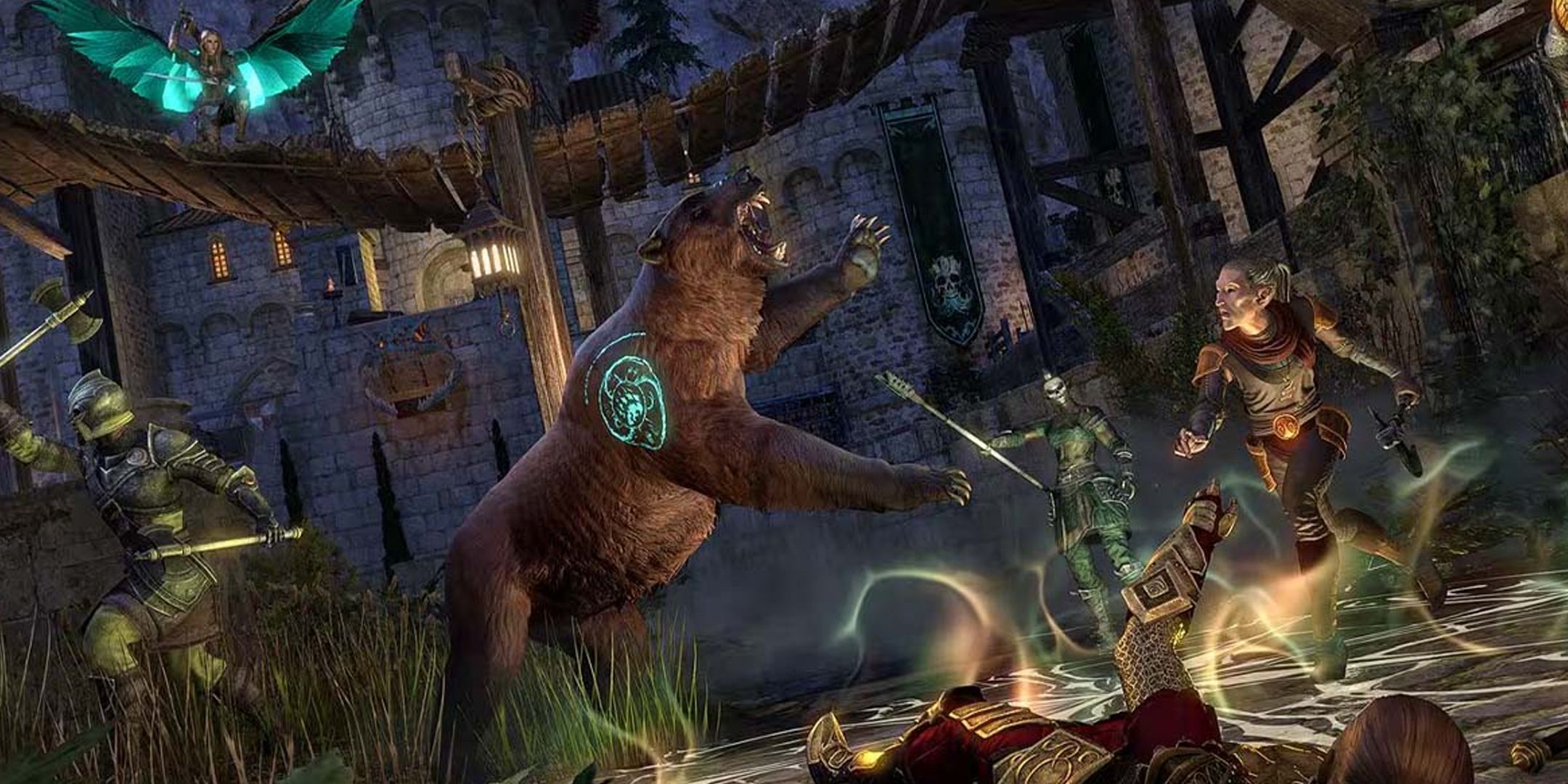 The Elder Scrolls Online bear attacking a player while another lies on the ground during a battle.