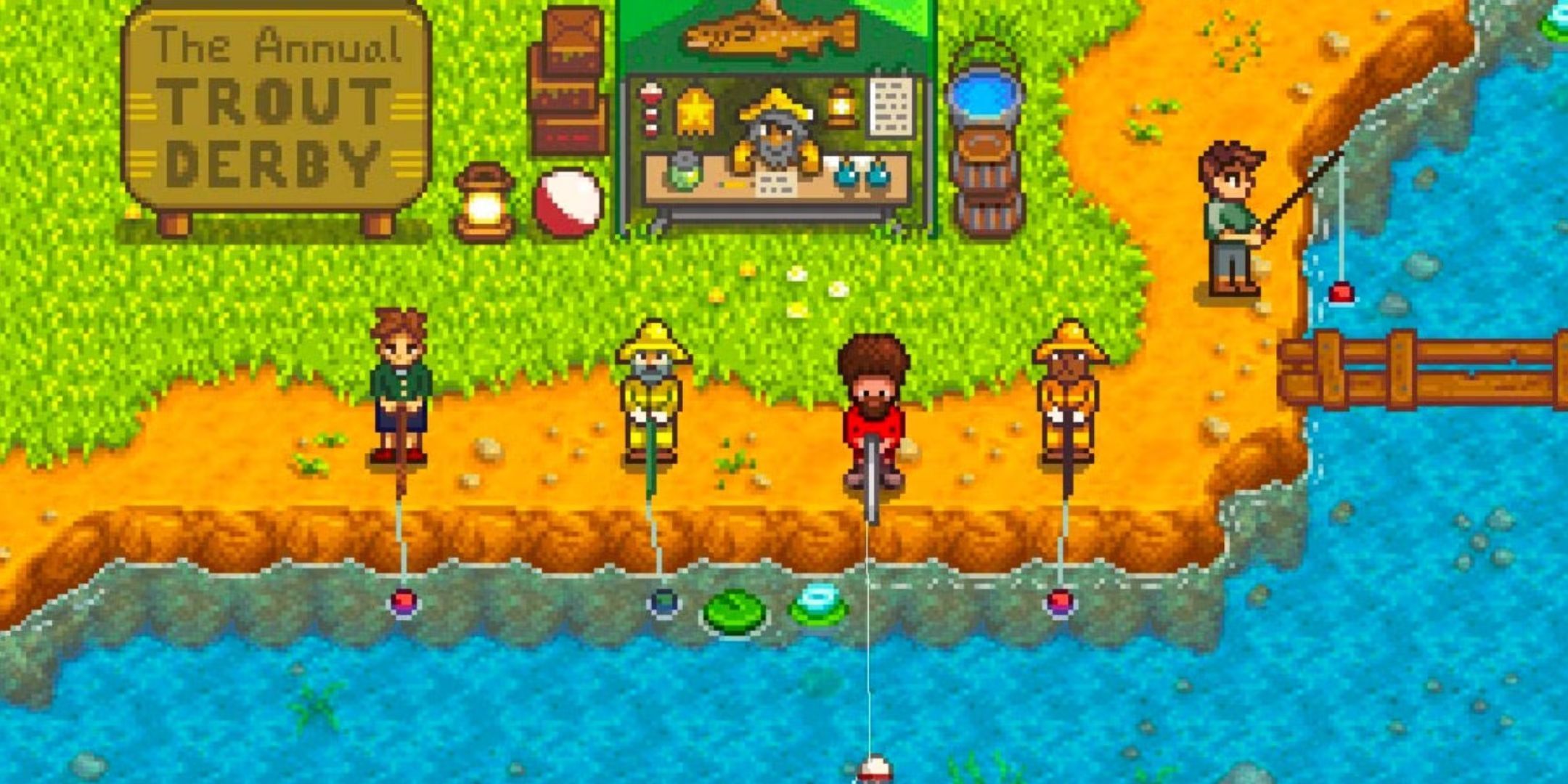 NPCs and a player competing in the Trout Derby from Stardew Valley