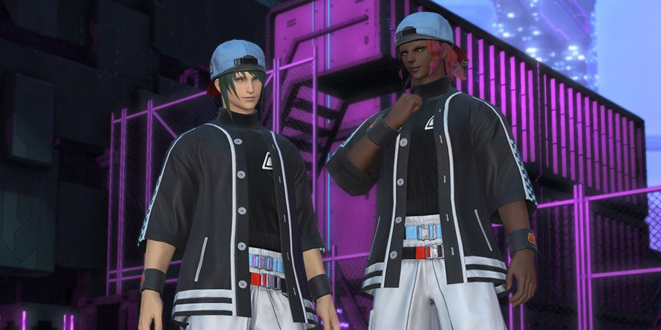 Two Final fantasy 14 characters in black baseball jackets, blue caps, and white trousers