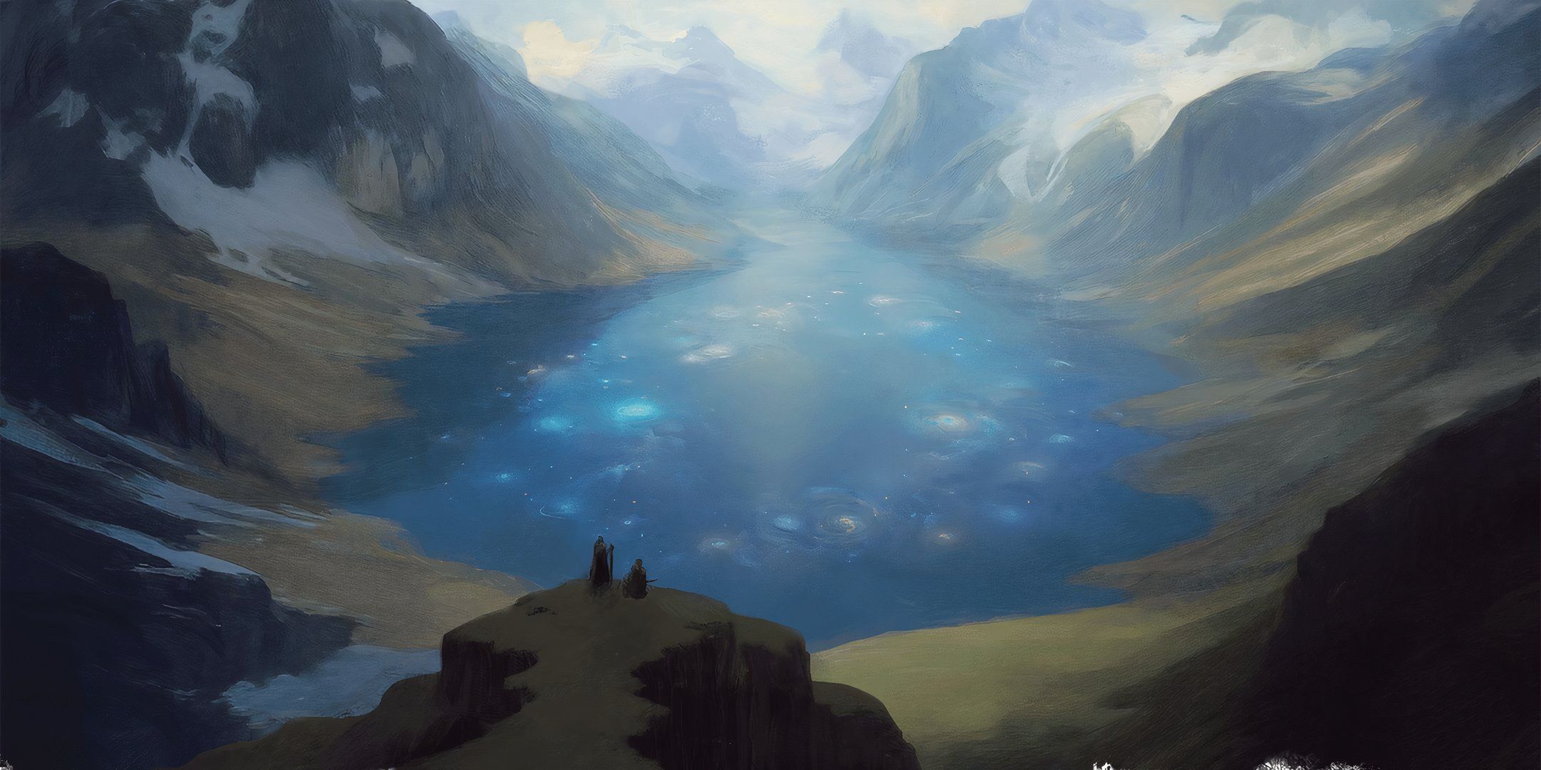 Two adventurers in a D&D setting stare at a shining, glimmering lake, wondering what might lurk beneath the surface.