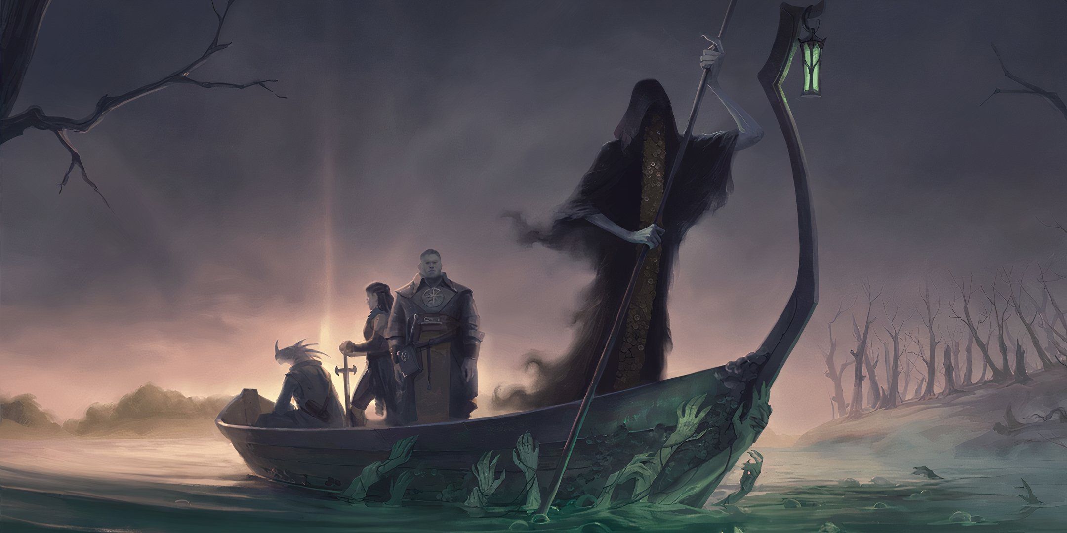 A cloaked figure drives a gondola through a mysterious and murky river in Dungeons & Dragons as ghostly hands reach for the passengers inside.