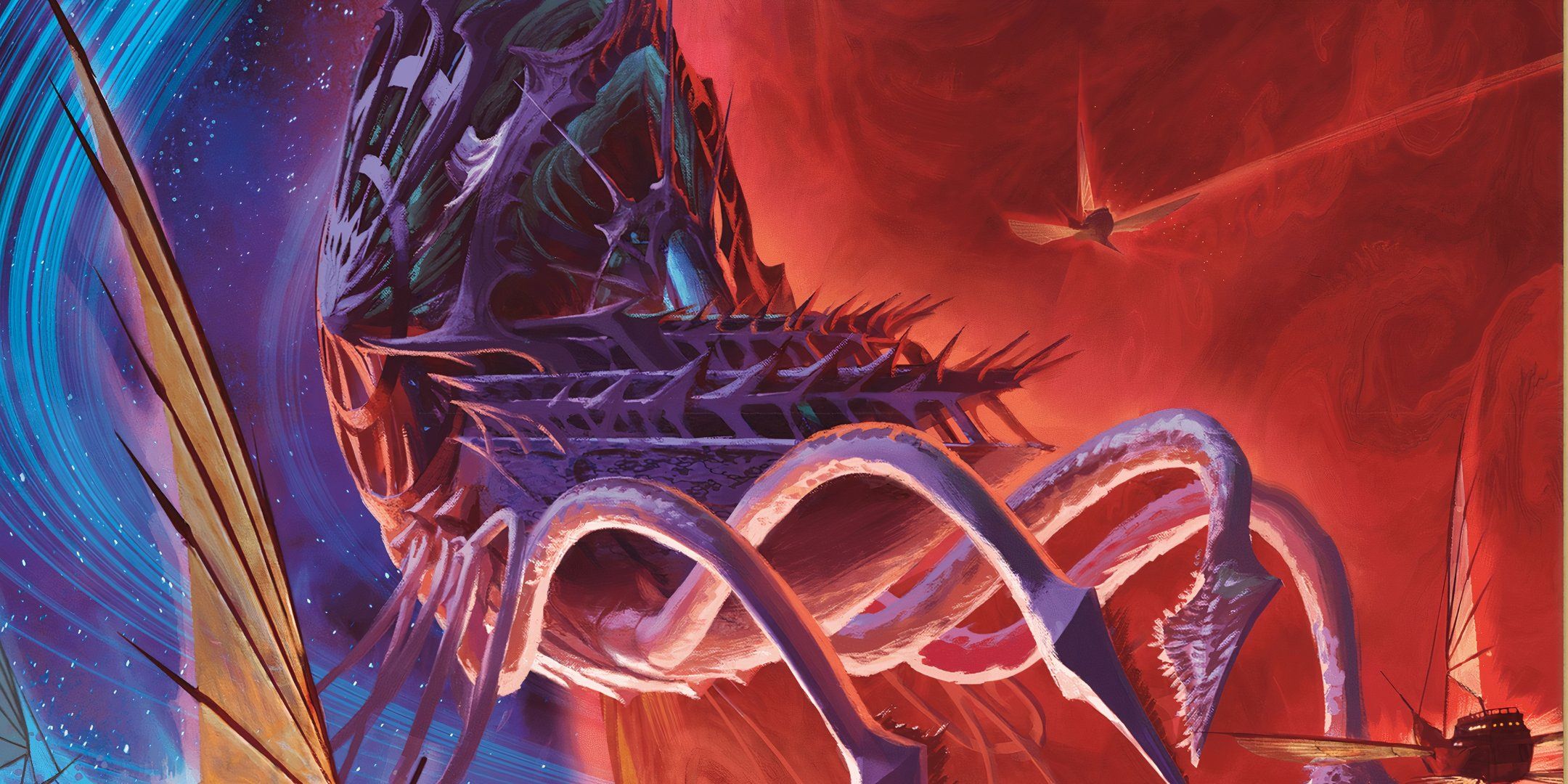 A Mind Flayer Nautiloid arrives outside a fantastical looking planet in Dungeons & Dragons