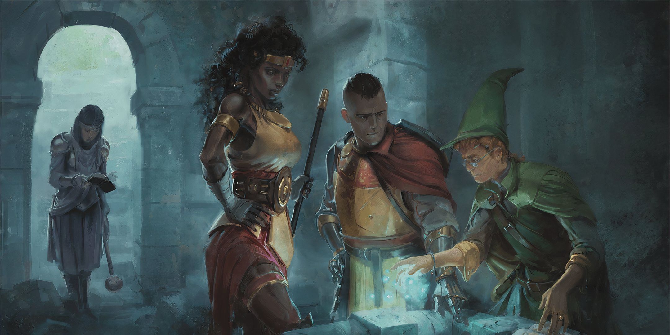 An image of a D&D adventuring party trying to solve a difficult puzzle hidden in a dungeon. 