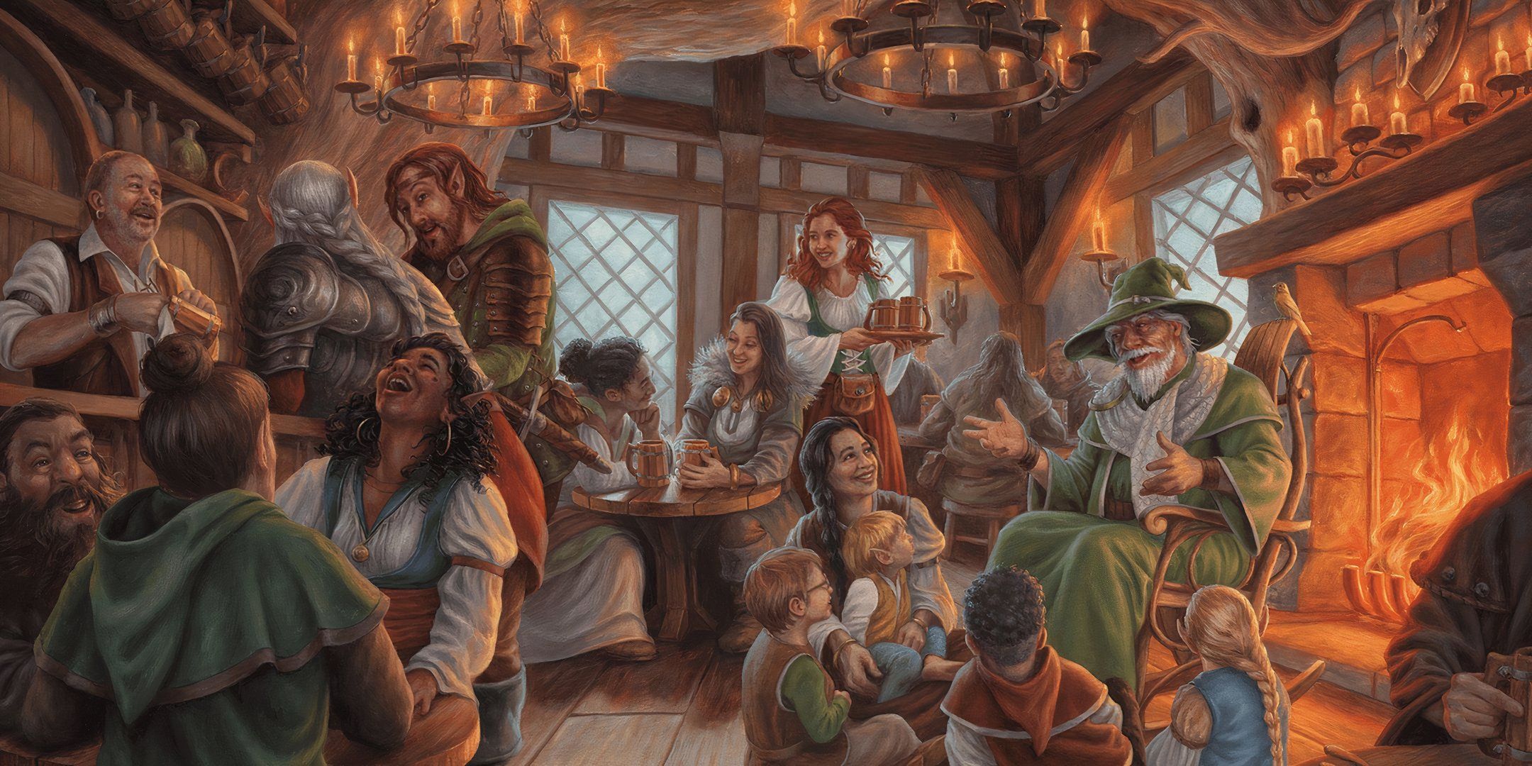 An image of a warm setting inside the Dragonlance Inn, a Dungeons & Dragons setting, filled with wizards and adventuring parties.