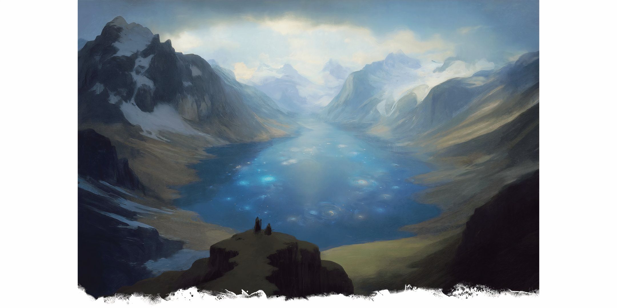 Dungeons & Dragons art of mysterious glimmering lights sparkling beneath the water of a large lake. 