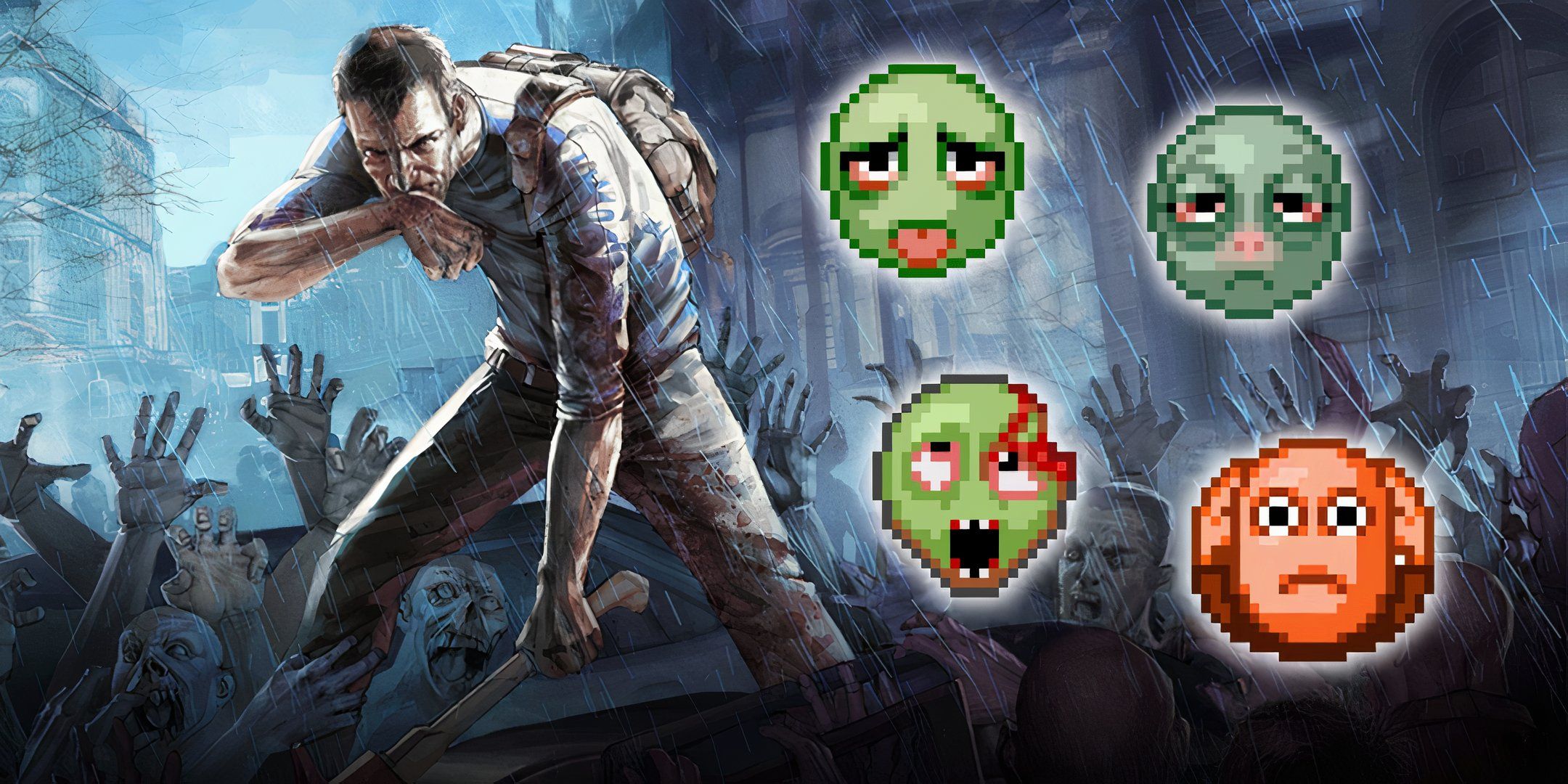 Survivor standing on a car surrounded by survivors with floating Project Zomboid moodles for stressed, sick, cold, and zombified.