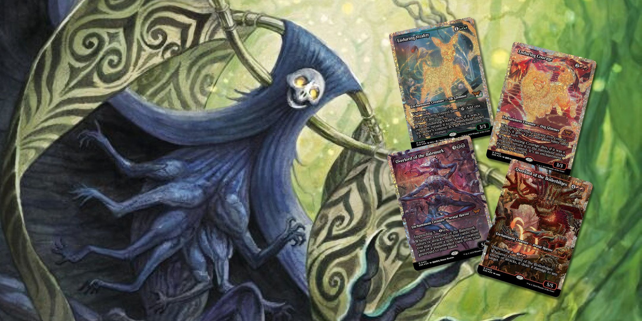 MTG card art for overlord of the hauntwoods and card images of enduring innocence, enduring courage, overlord of the boilerbilges, and overlord of the balemurk.