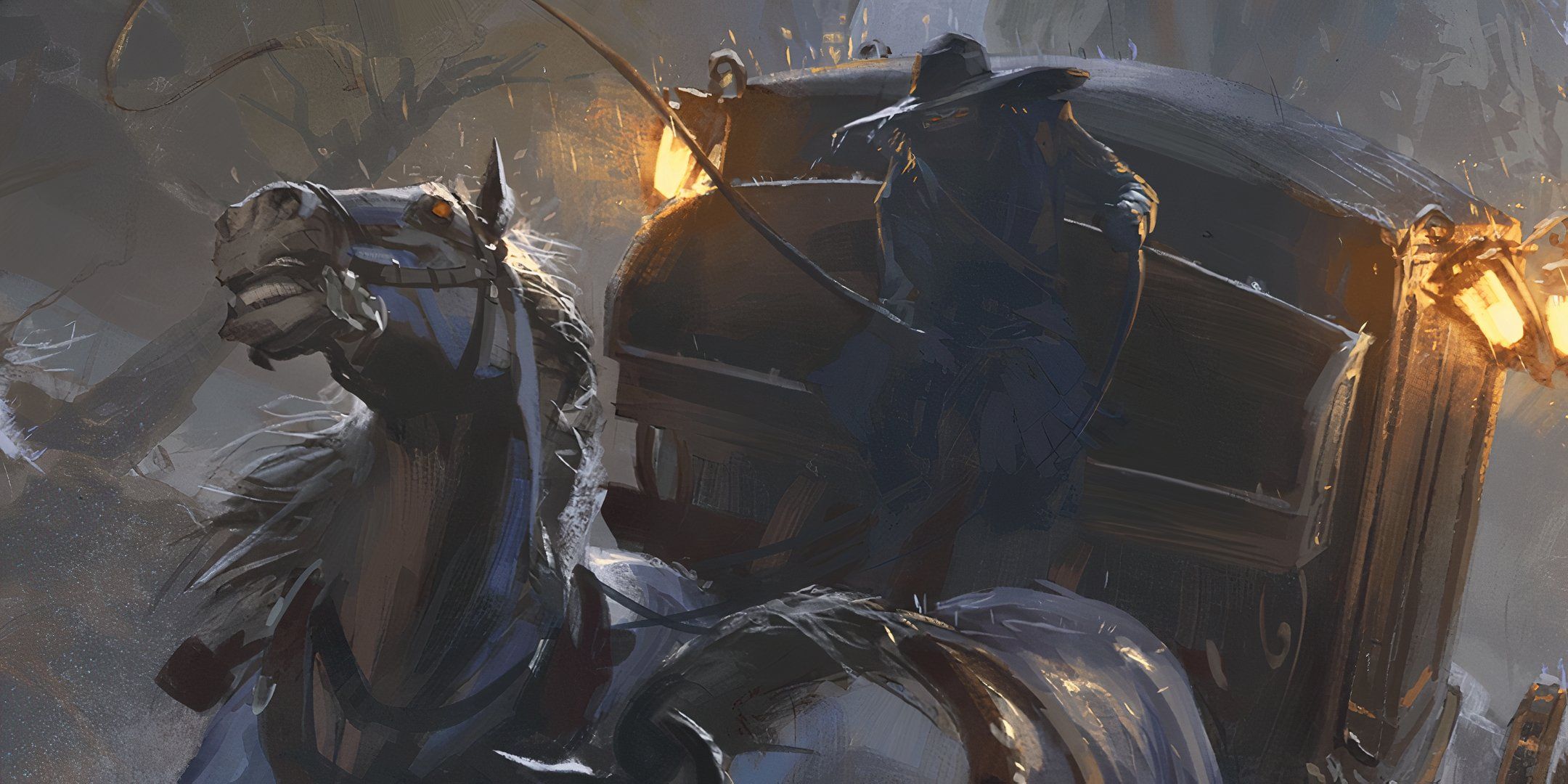 A dark, hooded rider drives a black carriage through a Dungeons & Dragons setting. 