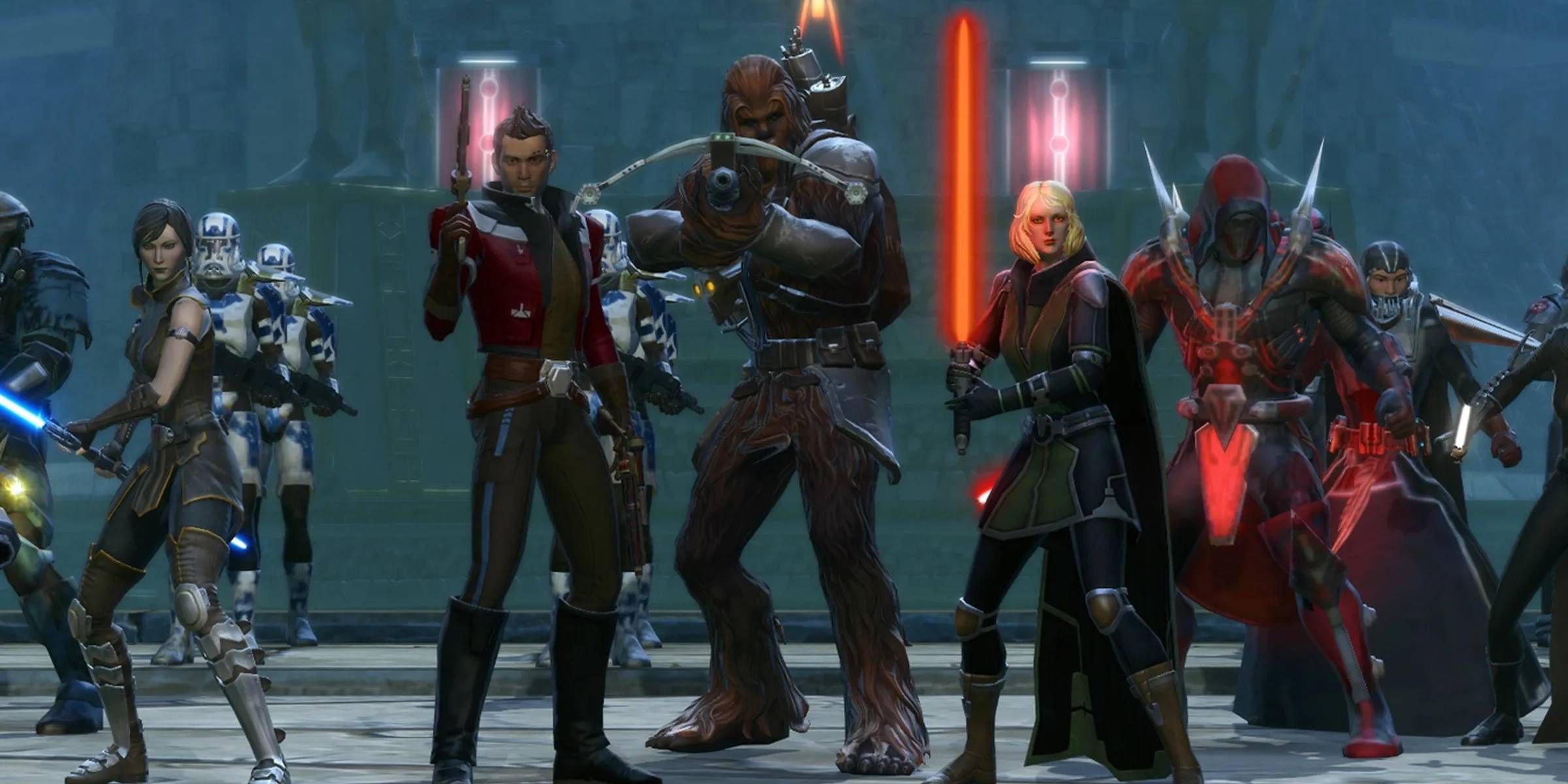 Various characters including a wookiee ready for battle in Star Wars: The Old Republic.