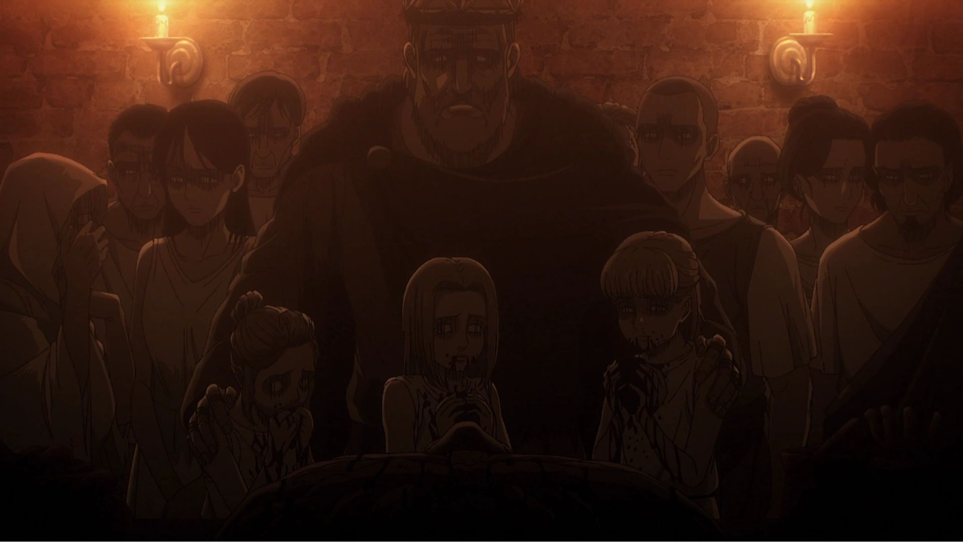 Ymir Fritz has died and the scene shows her children and husband standing next to her body in Attack on Titan.