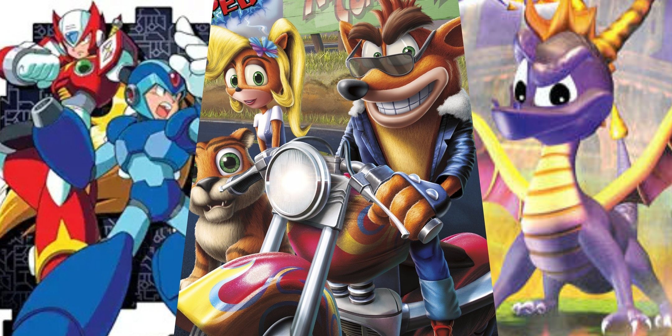 Zero, Mega Man X, Crash Bandicoot, and Spyro from Mega Man X4, Crash Bandicoot Warped, and Spyro Year of the Dragon.