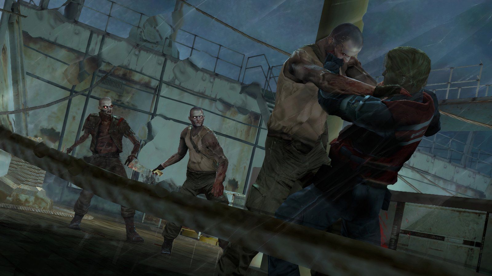 Tom Hansen, the main character, wrestles zombies on a ship as two zombies approach.