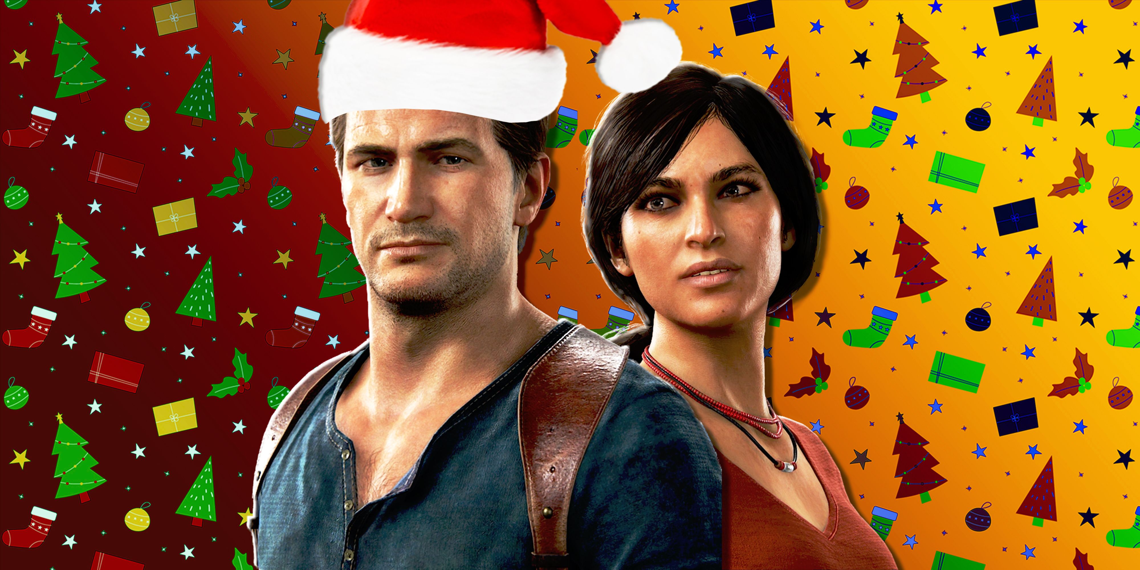 Nathan Drake from Uncharted 4 wearing a Christmas hat with Chloe Frazer from Uncharted: The Lost Legacy standing behind him, and a Christmas pattern in the background.