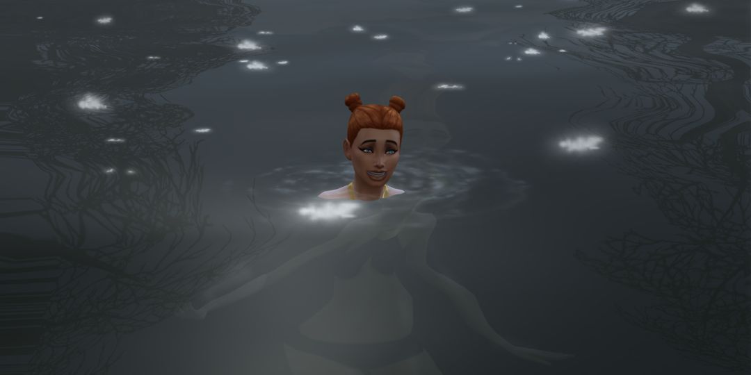 A female Sim with red hair takes the polar plunge challenge in a river.