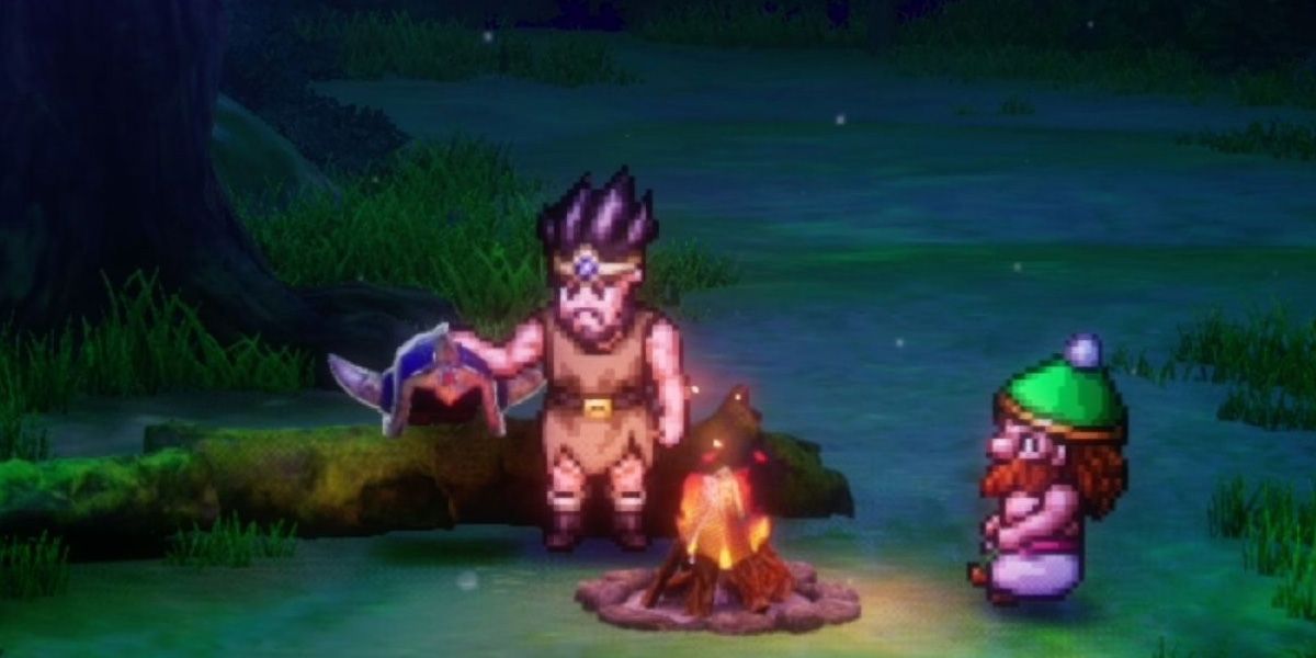 Ortega stands beside a fire in Dragon Quest 3 HD-2D Remake.