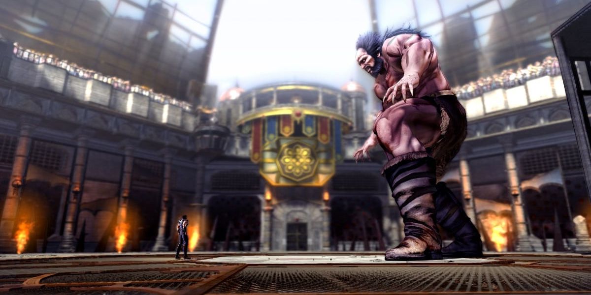 Kenshiro faces a giant in an arena as part of Fist of the North Star: Lost Paradise.