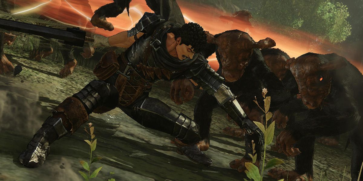 Guts fights off a wave of enemies in Berserk and the Band of the Hawk.