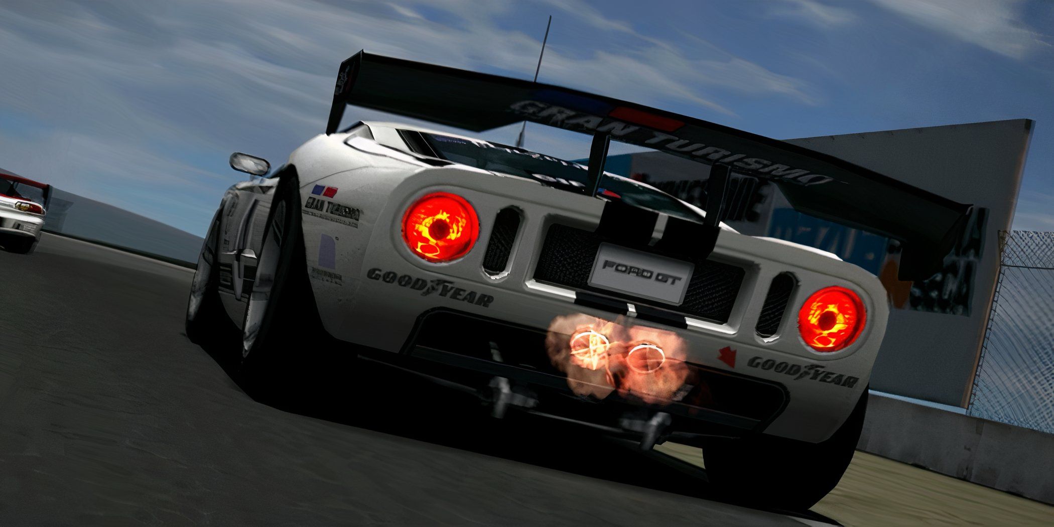 Gran Turismo 4 Ford GT firing the afterburners, with fire coming out of the exhausts as it races.