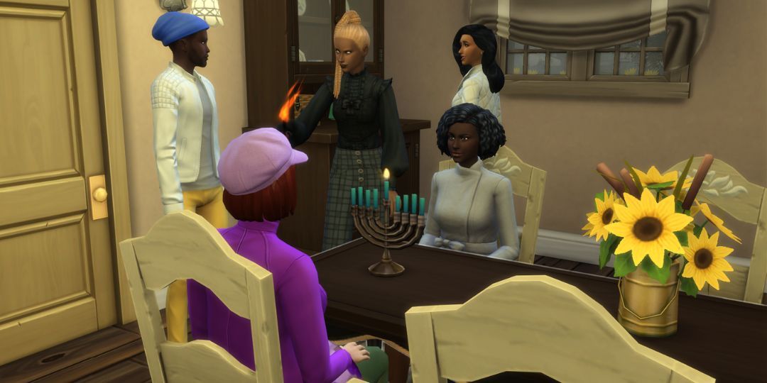 A group of Sims light a menorah.