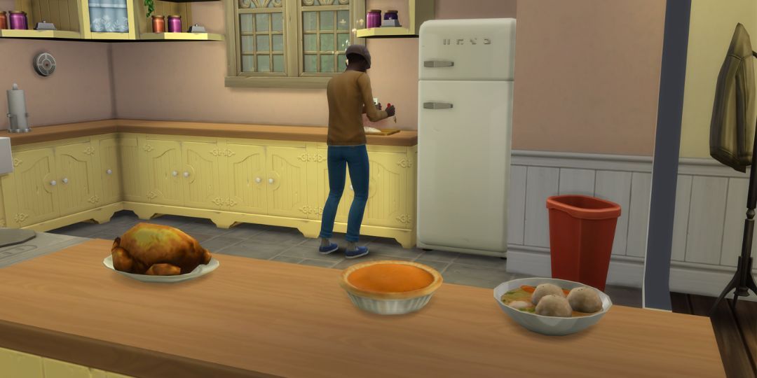 A Sim cooks up a number of delicious dishes.