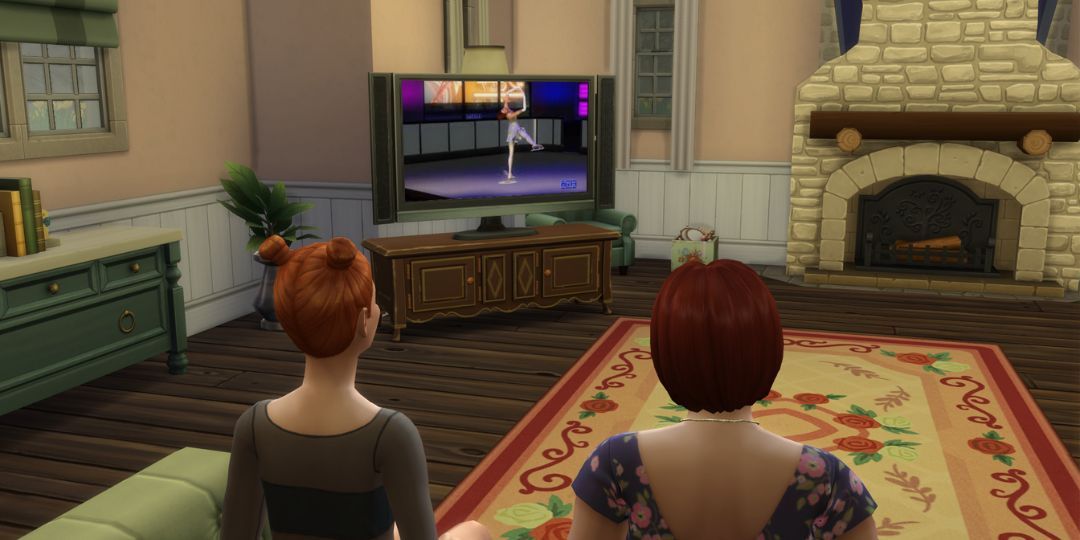 Two Sims watch the sports channel together.