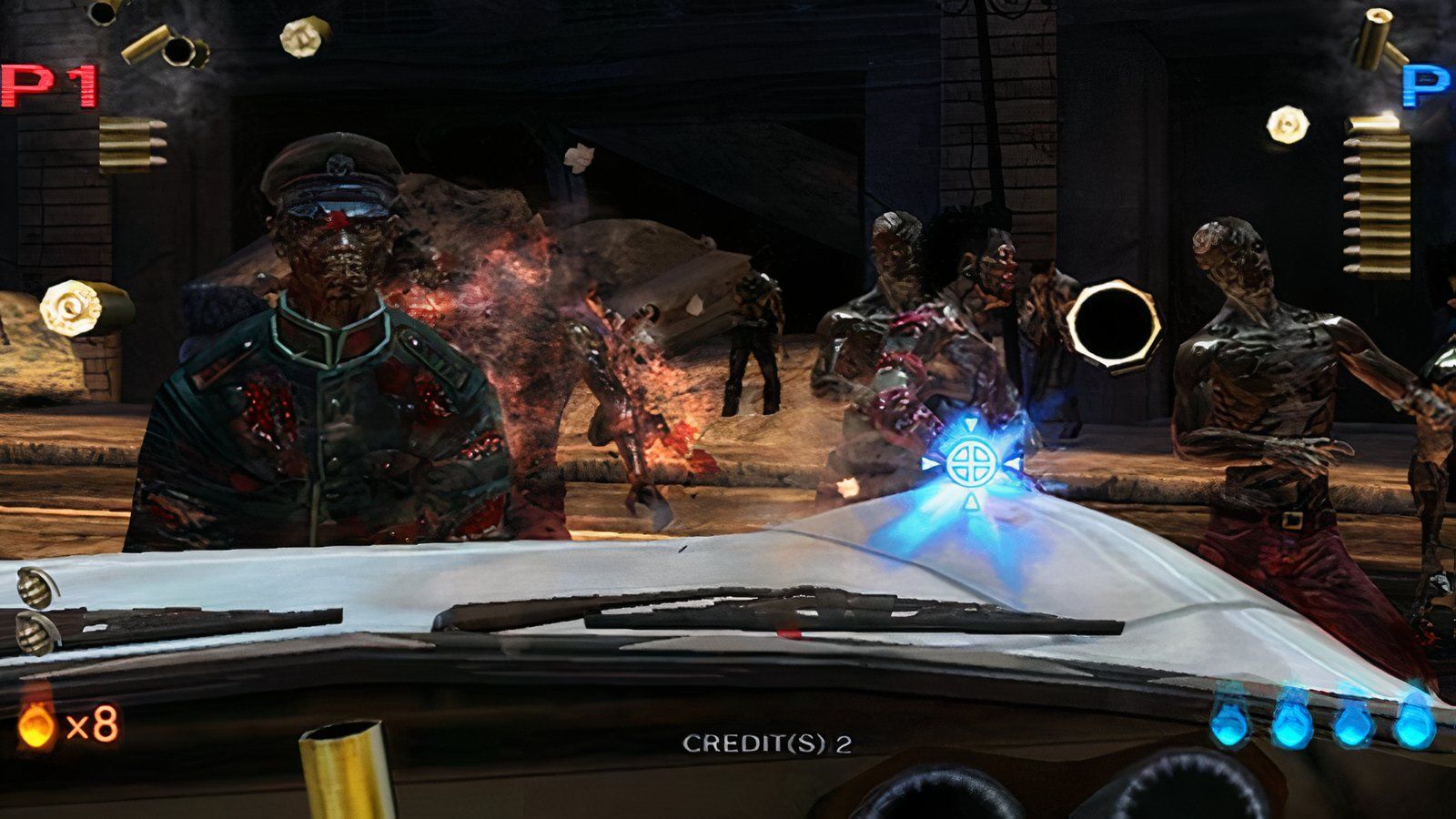 Player driving a car while shooting a horde of undead.