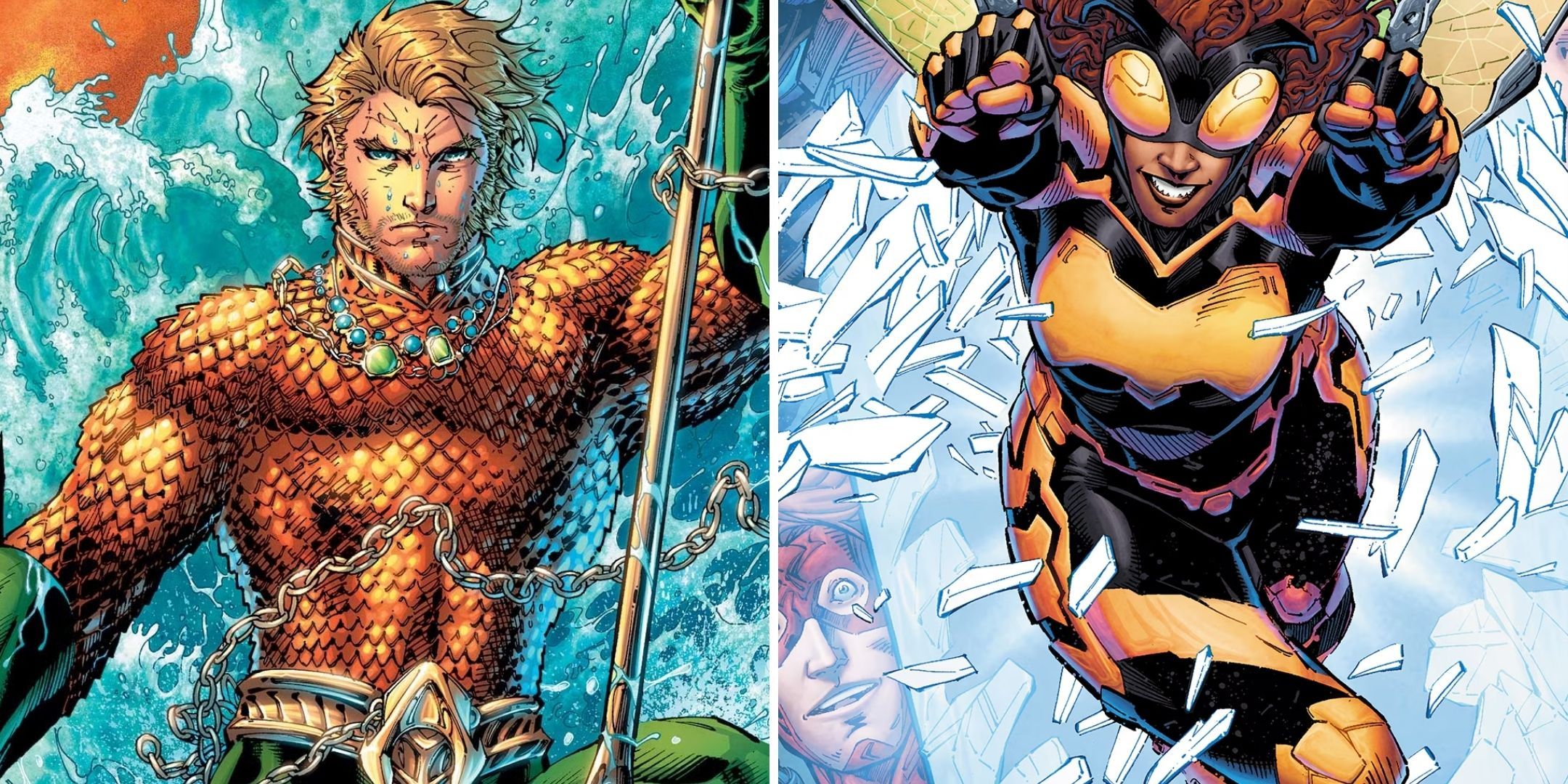 Aquaman and Bumblee comic book art.