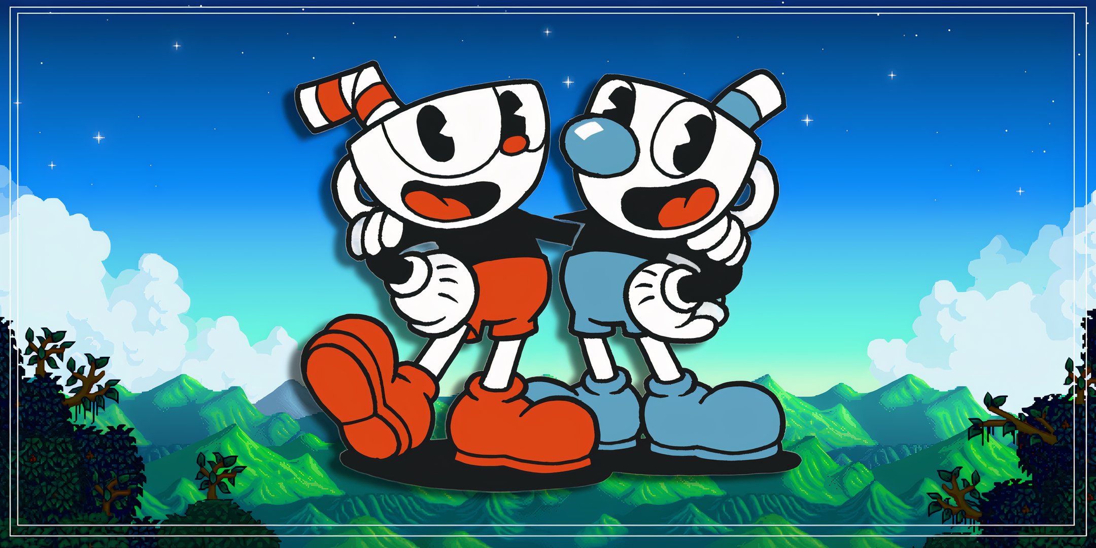 Cuhead and Mugman on a Stardew Valley background. 