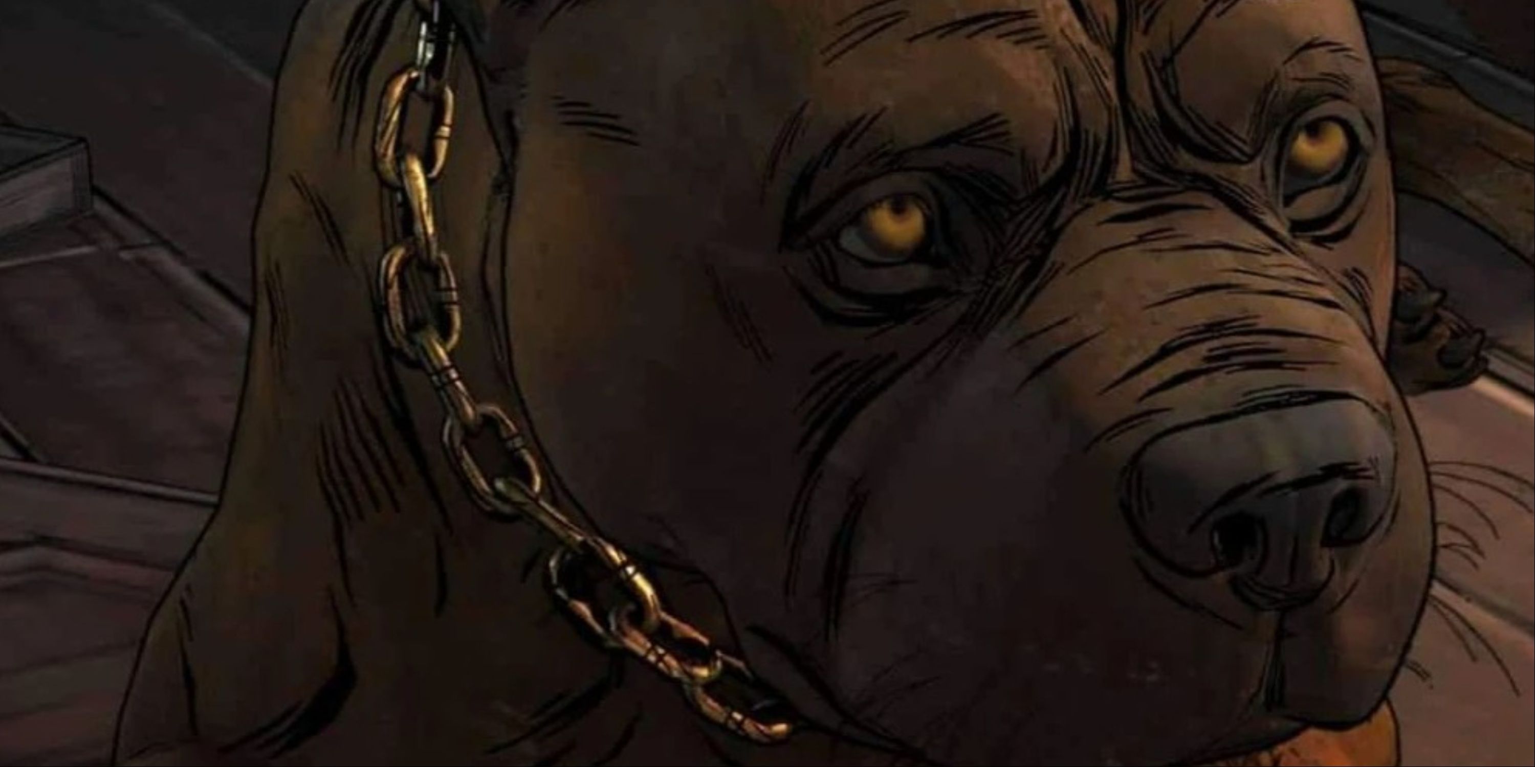 A close-up of Rosie the dog from Telltale's The Walking Dead, lying down and chilling.