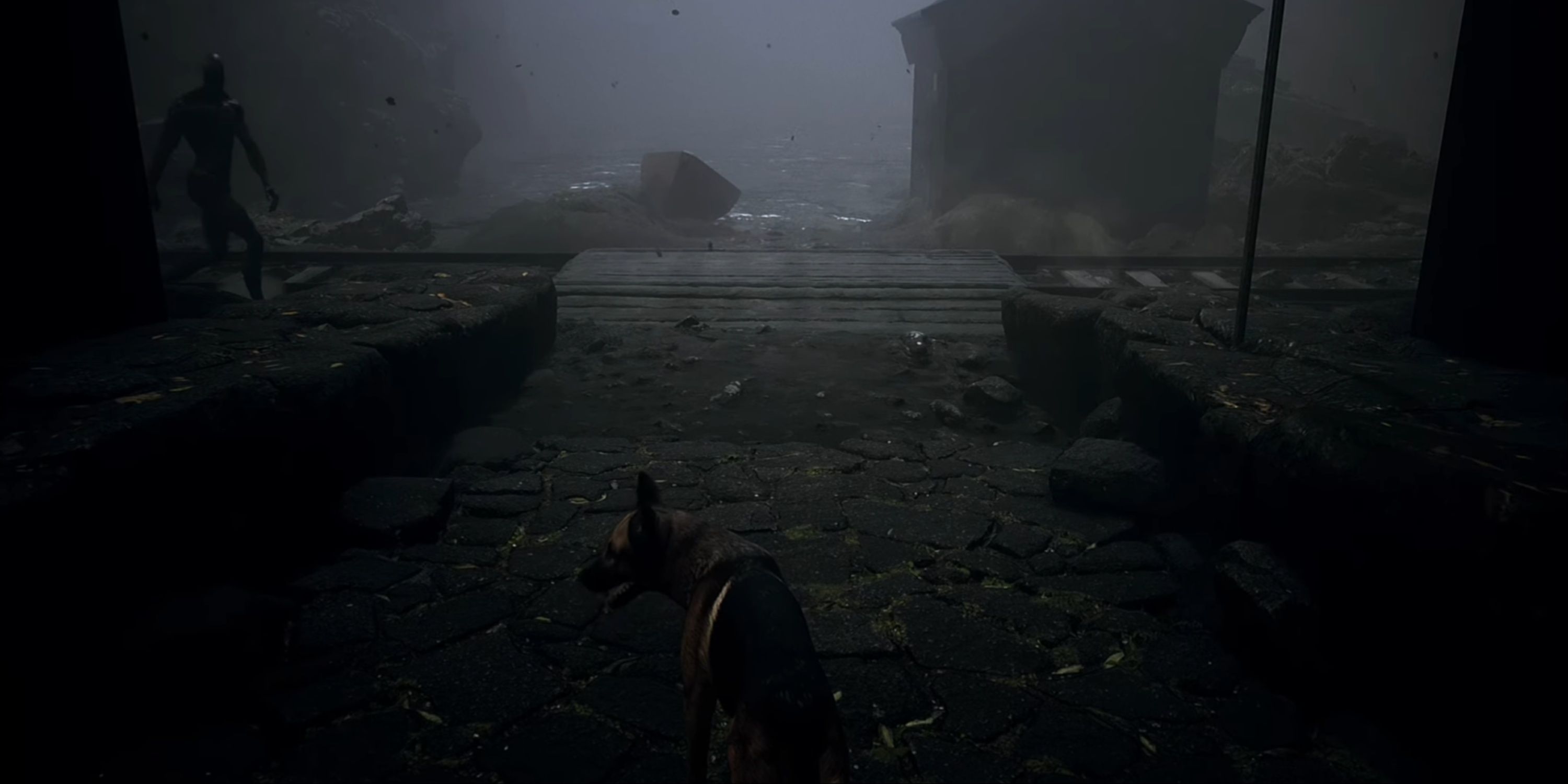 A cute German Shepherd looking back at the protagonist as an enemy approaches in Shines Over The Damned.