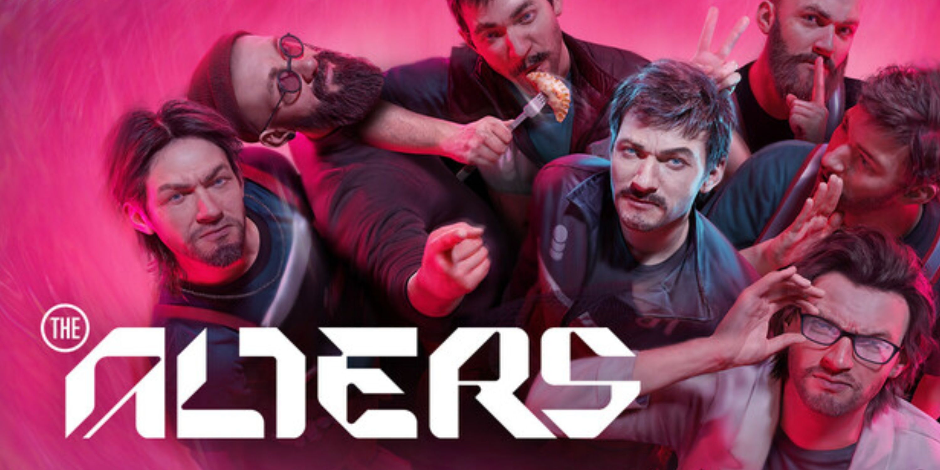 A group of men on a pink background with The Alters logo.