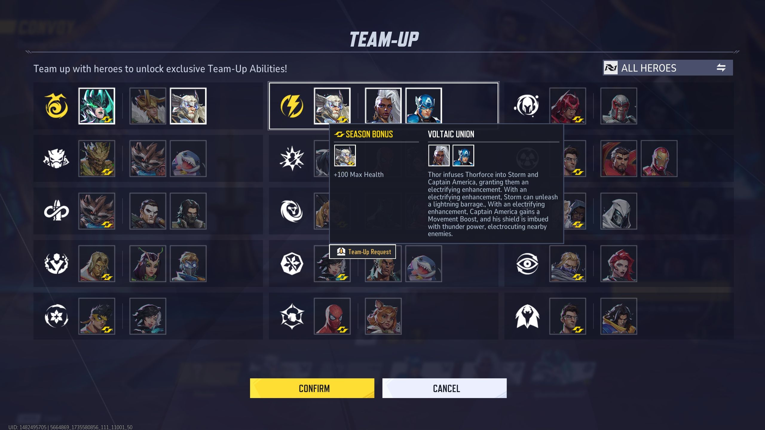 A menu showing all team up abilities with the heroes that has the season bonuses in season 0 - Marvel Rivals