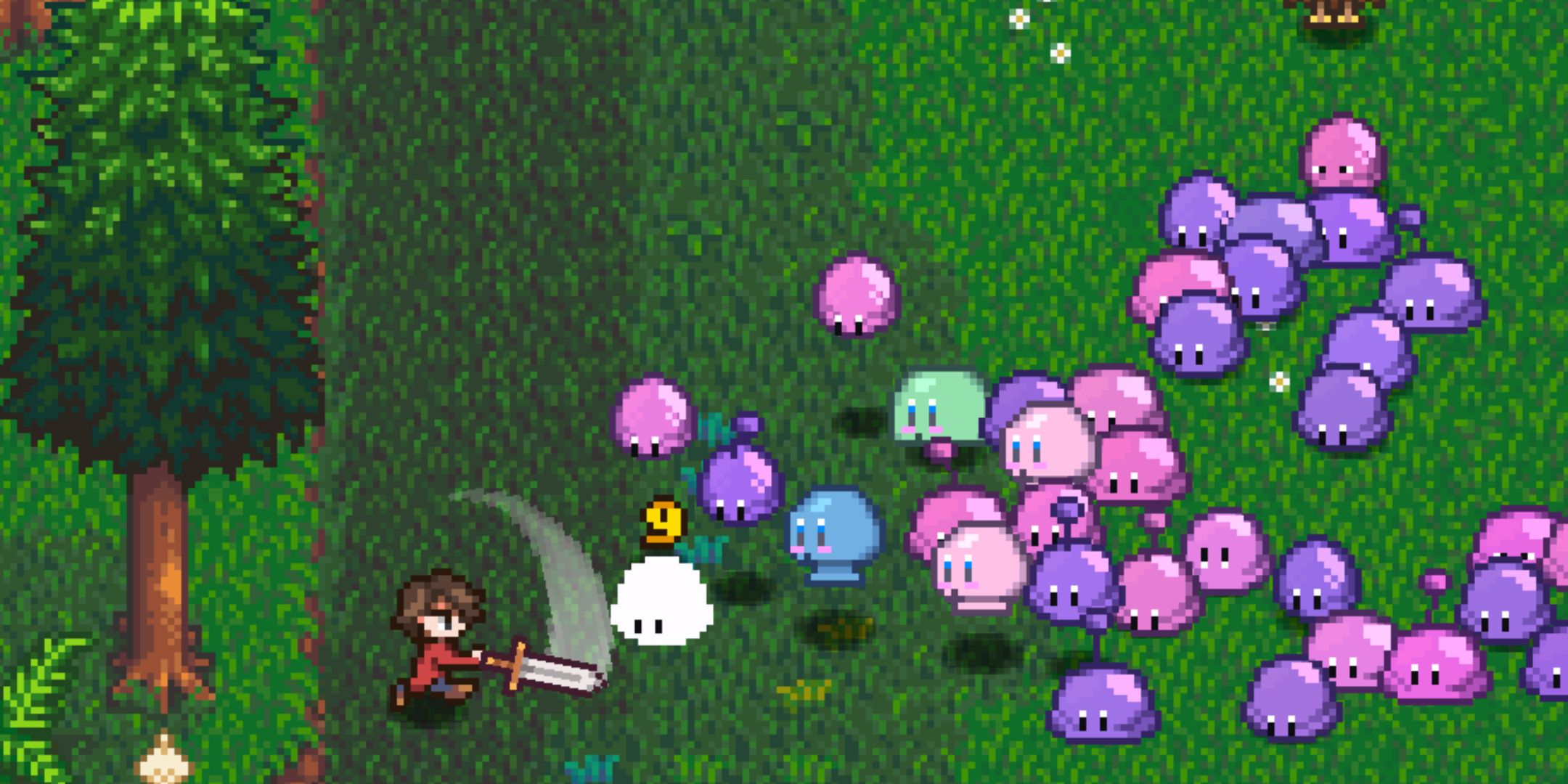 A person fighting off a horde of colorful blobs