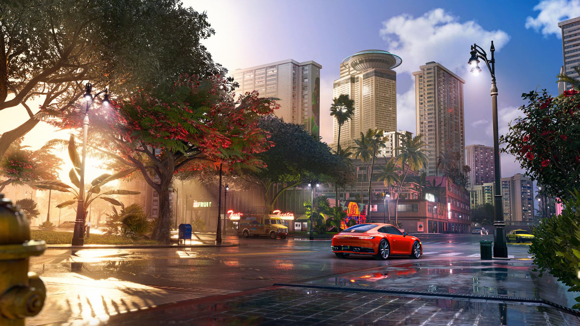 A red car drives through a wet colorful city