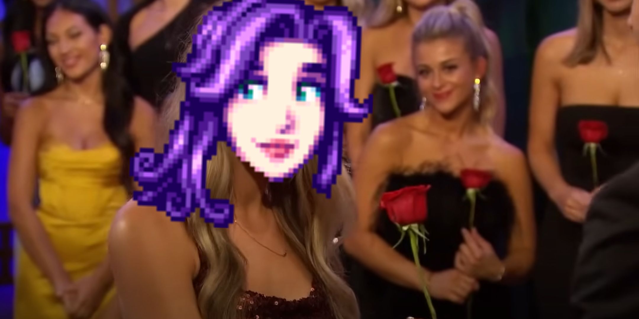 A scene from The Bachelor with Abigail from Stardew Valley superimposed over the woman.