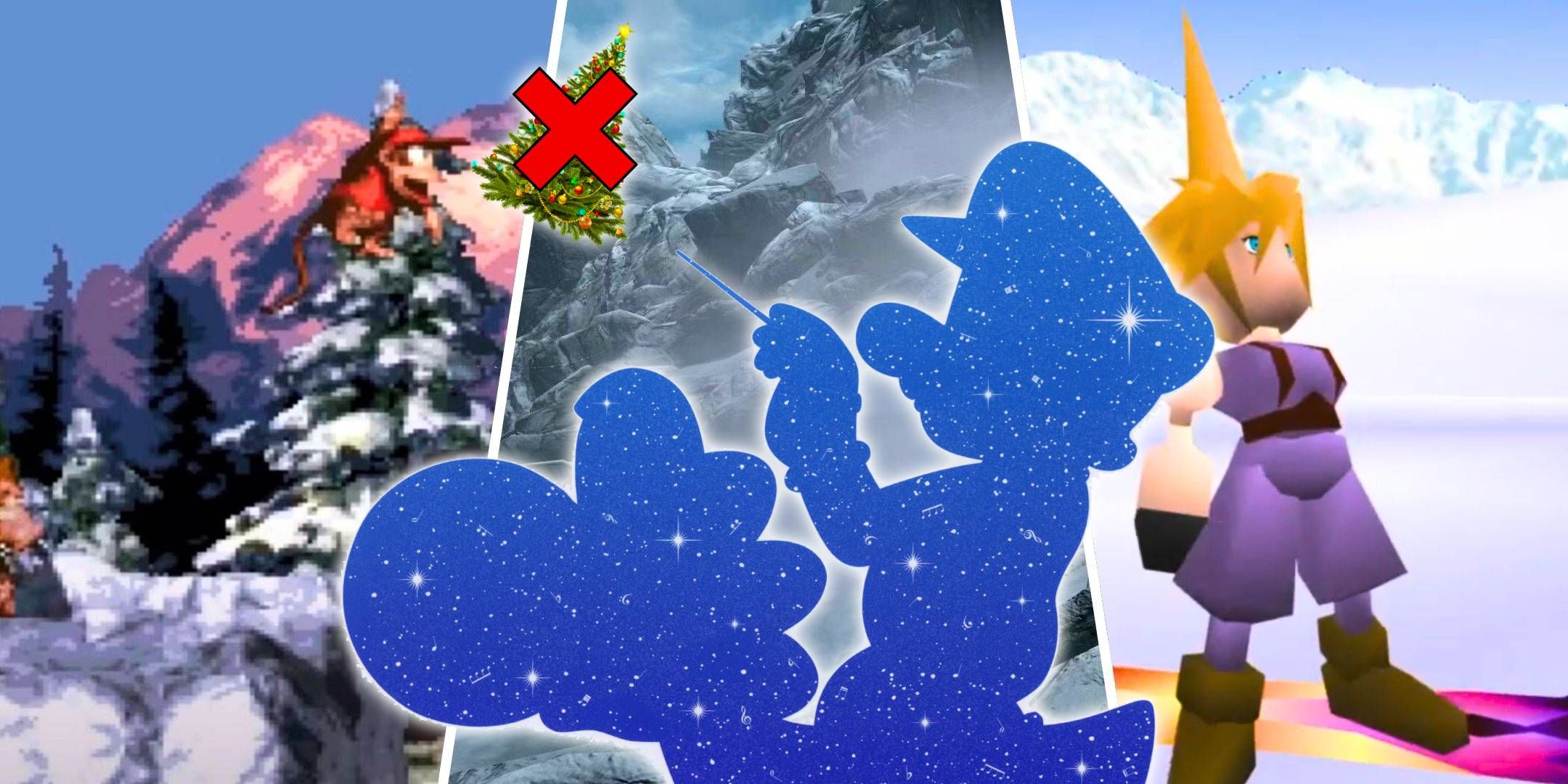 A split image of Donkey Kong and Diddy Kong in a snow level of Donkey Kong Country, the Dragonborn running through the snow in Skyrim, and Cloud Strife about to snowboard in Final Fantasy 7 with a silhouette of Mario conducting while riding Yoshi and a small crossed-out Christmas tree.