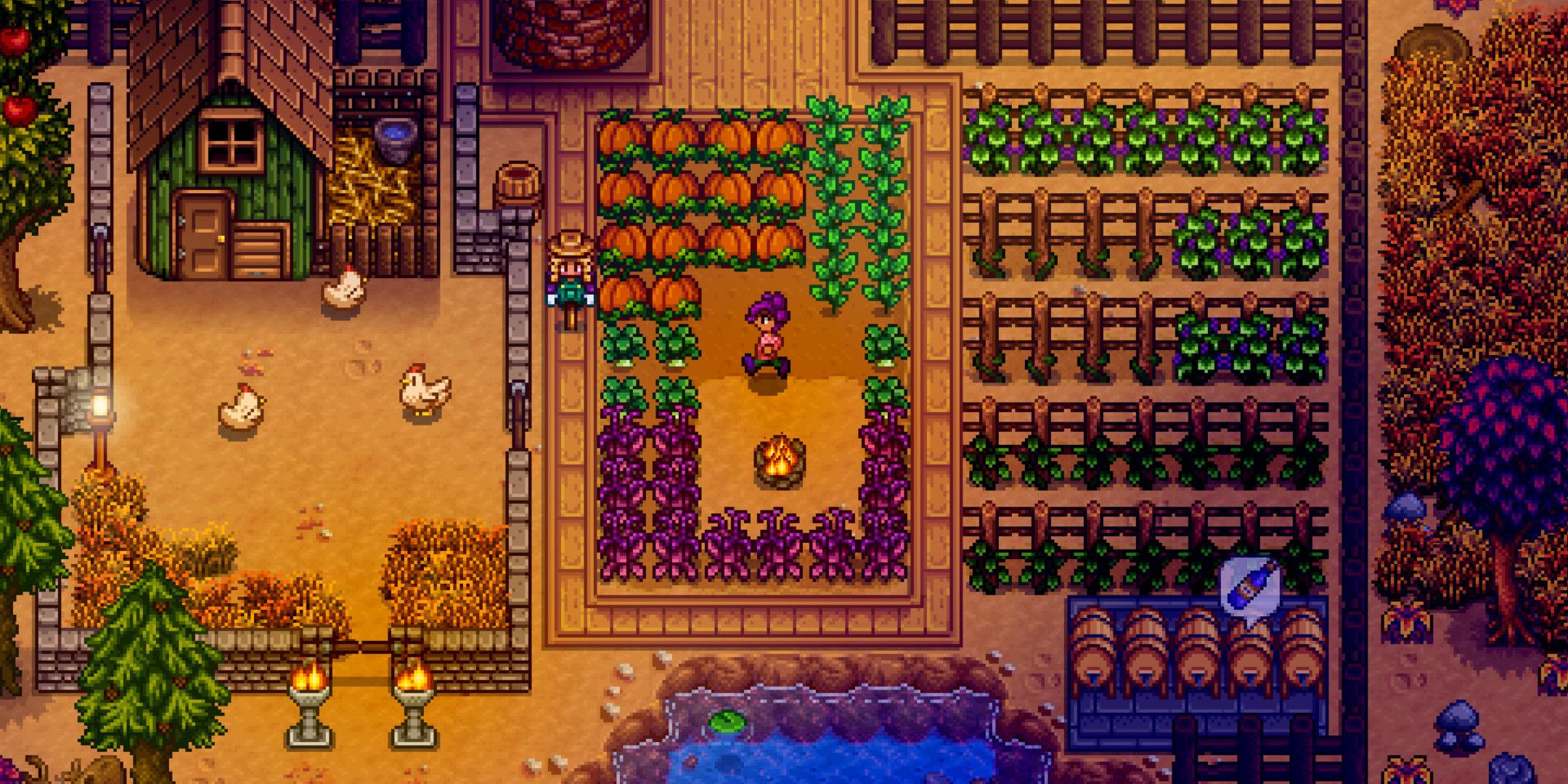 A Stardew Valley player among a bunch of crops at night time.