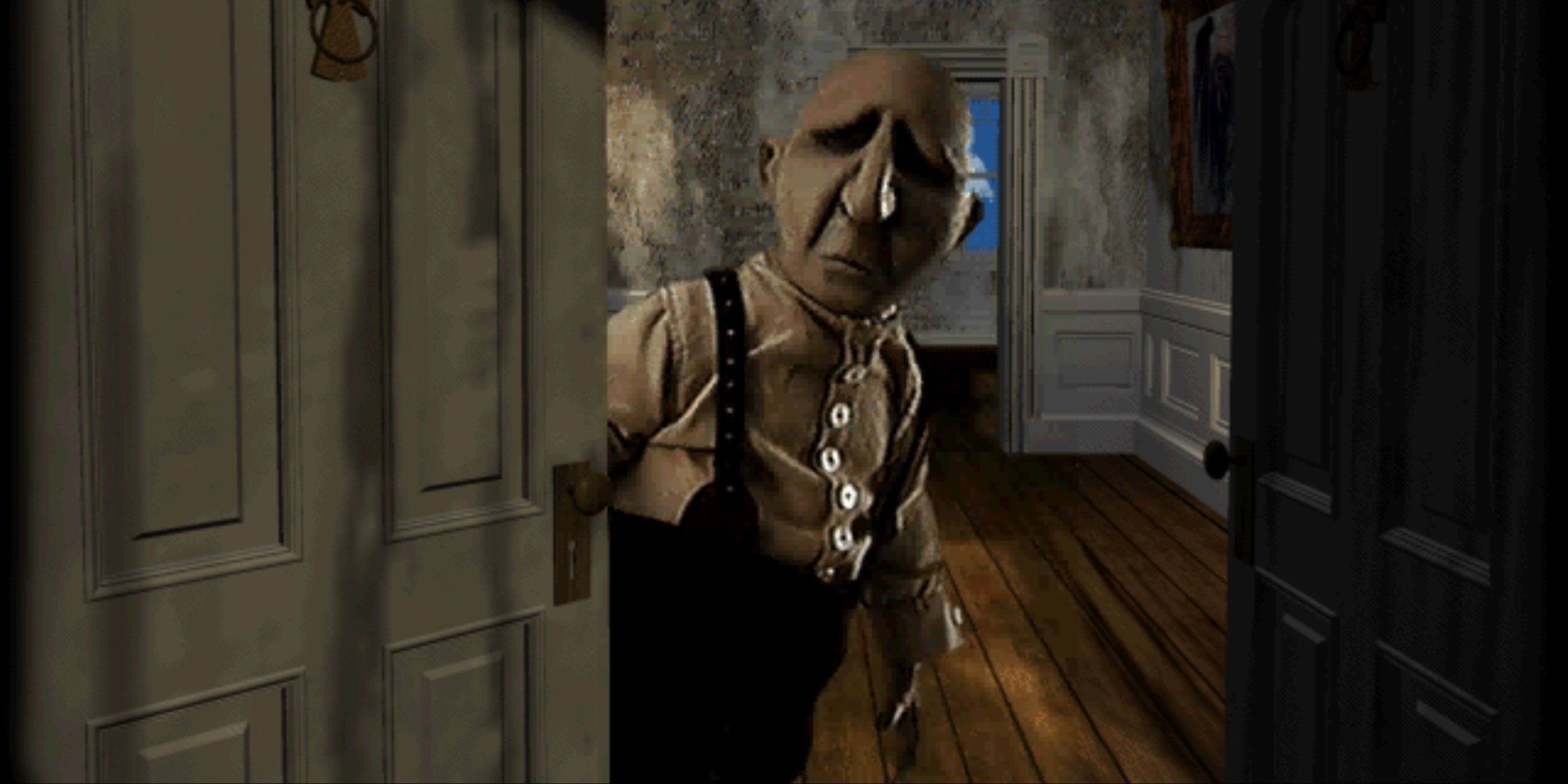 A strange and creepy bald claymated figure with no eyes opening a door in The Dark Eye.