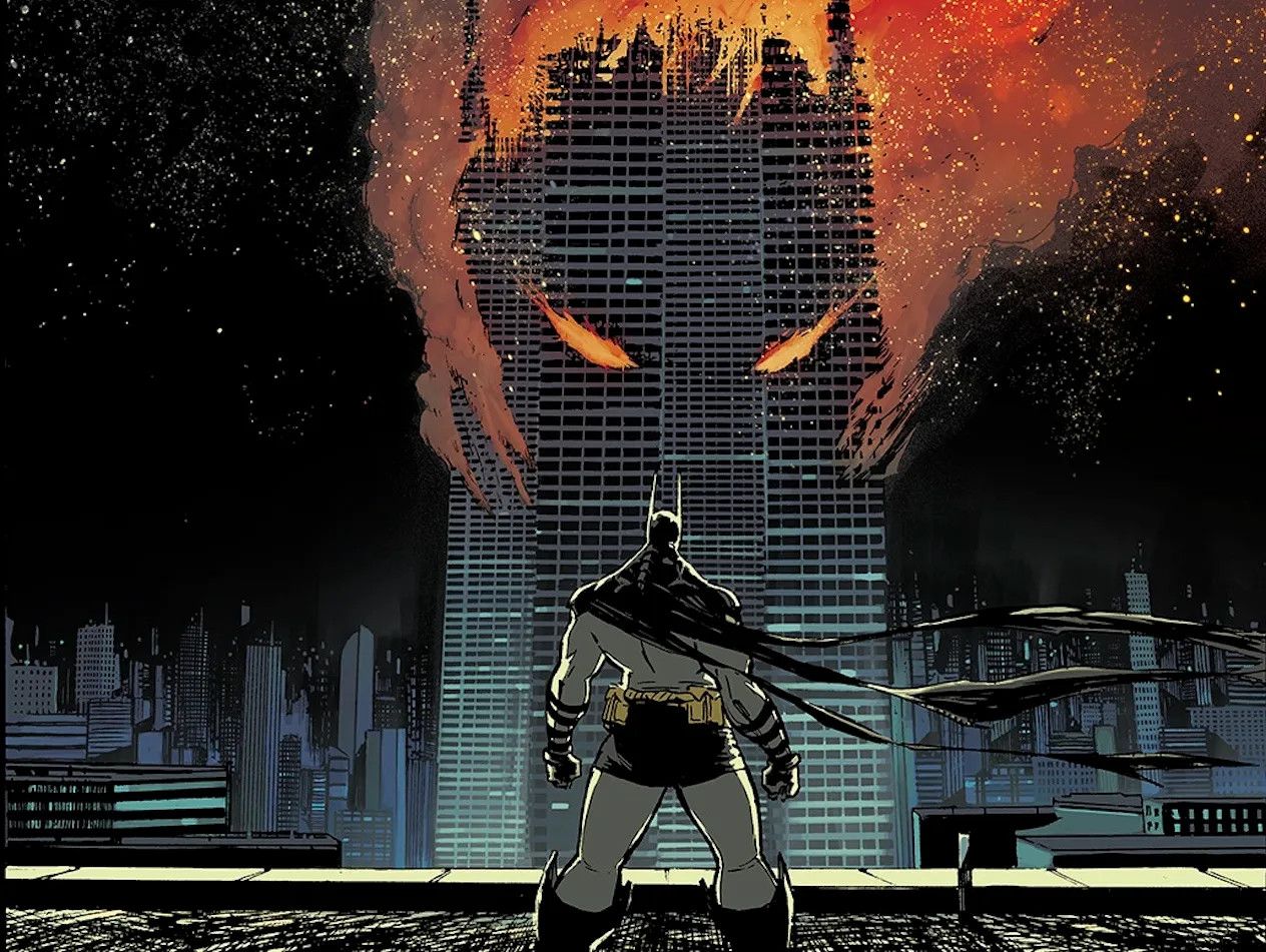 Batman looking at a burning building.