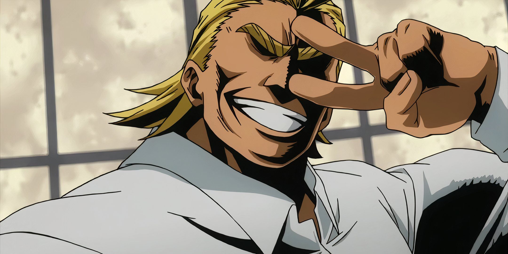 All Might smiles and gives the peace sign by his face.