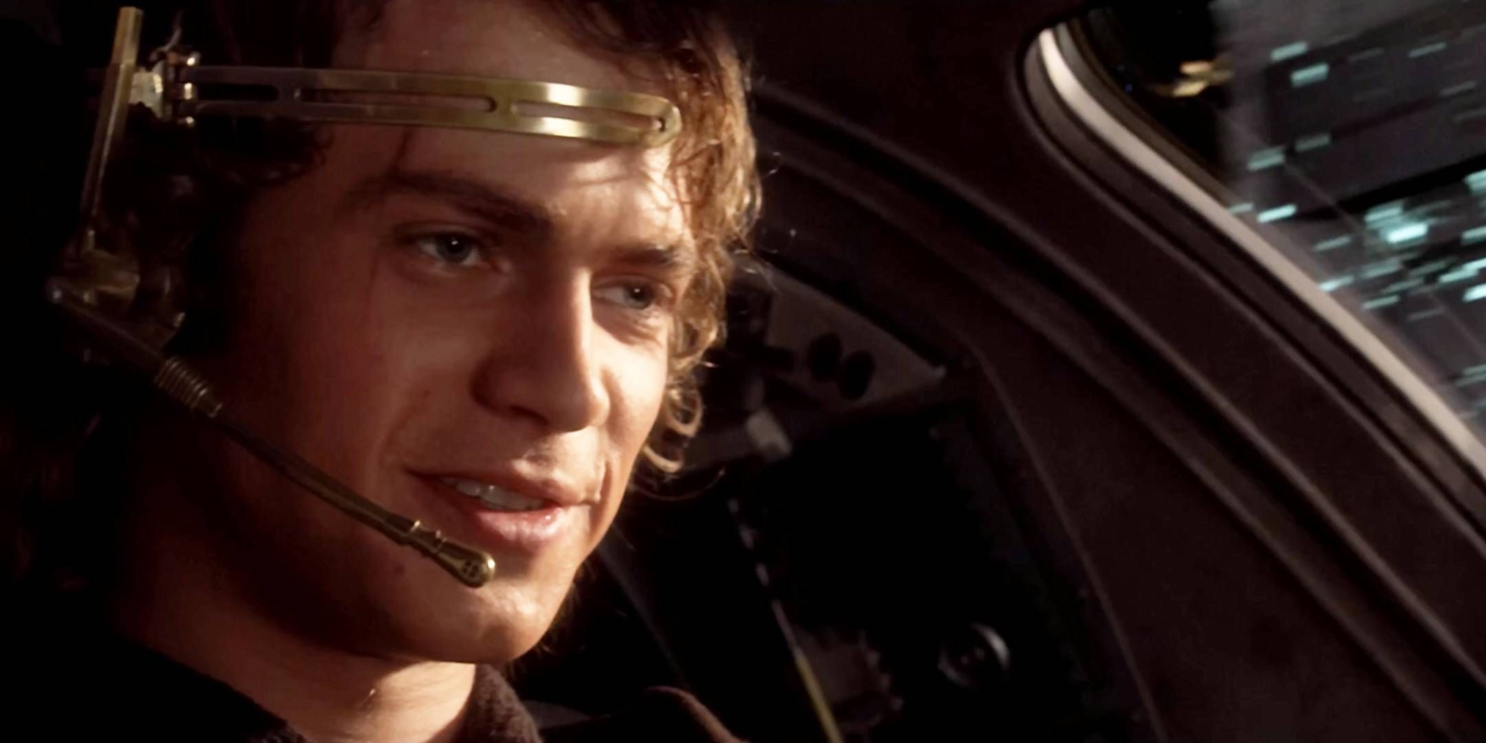 Anakin Skywalker smiling while piloting his Jedi starfighter in Star Wars: Episode 3 - Revenge of the Sith.