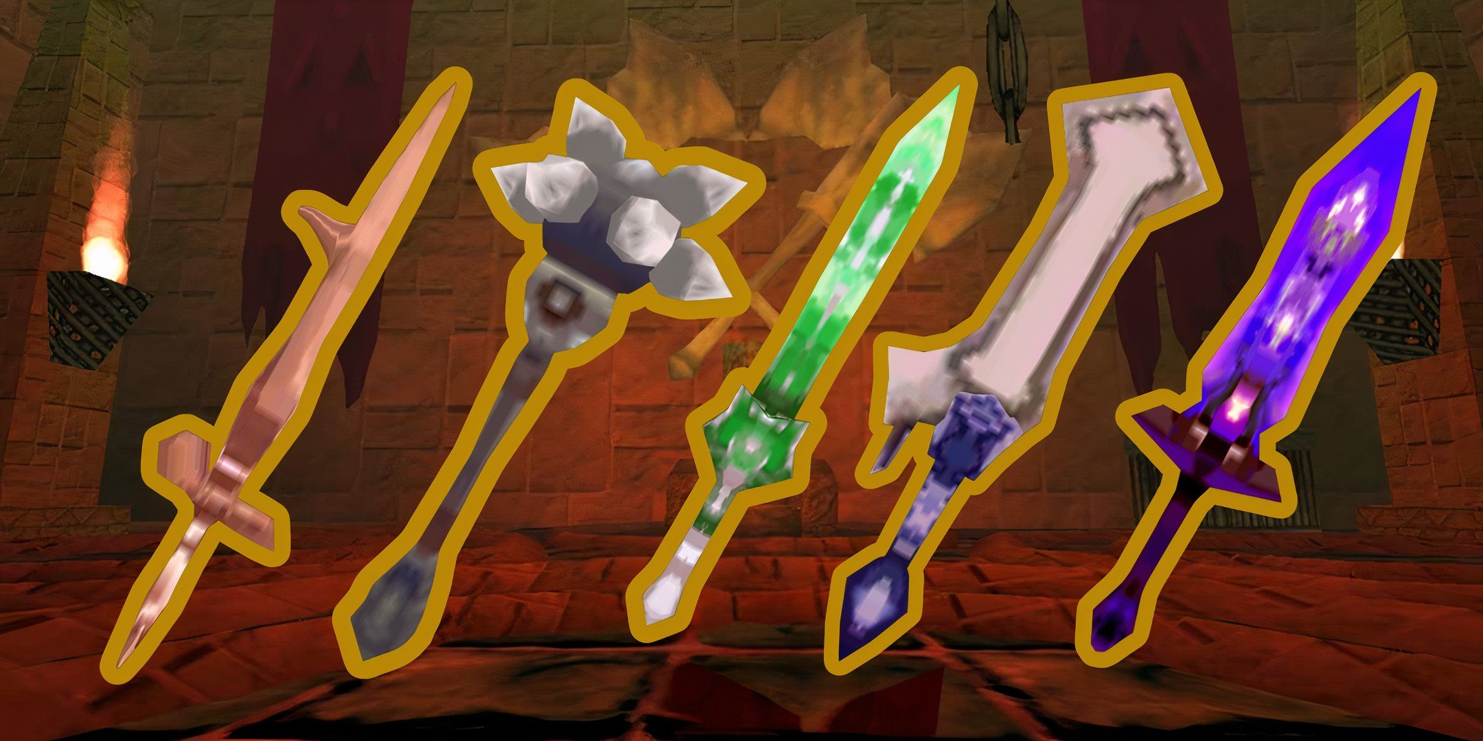 Article cover image featuring Wood Sword, Dawn Mace, Slimecrust Blade, Crypt Blade, and Vile Blade melee weapons from Atlyss.