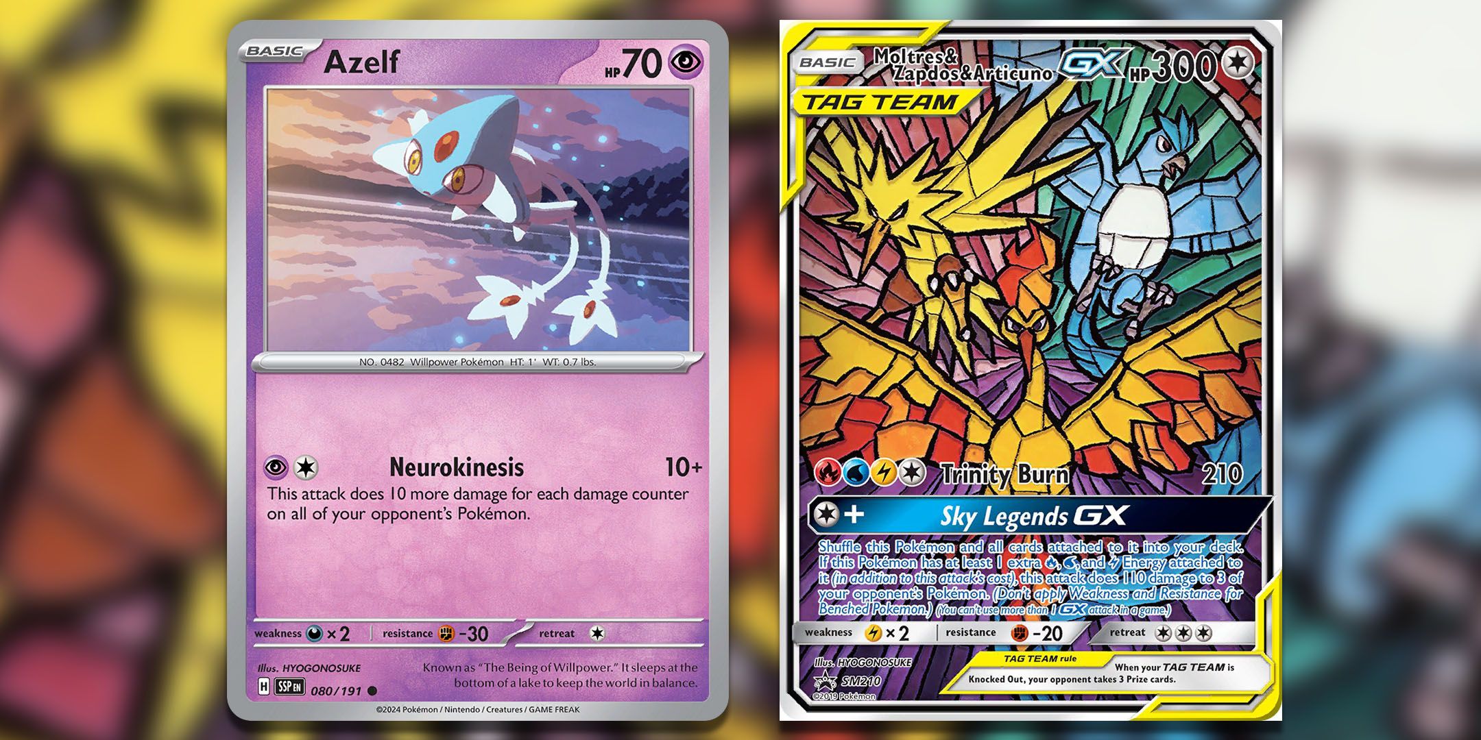 Azelf and Moltres, Zapdos, and Articuno Tag Team Pokemon TCG cards.