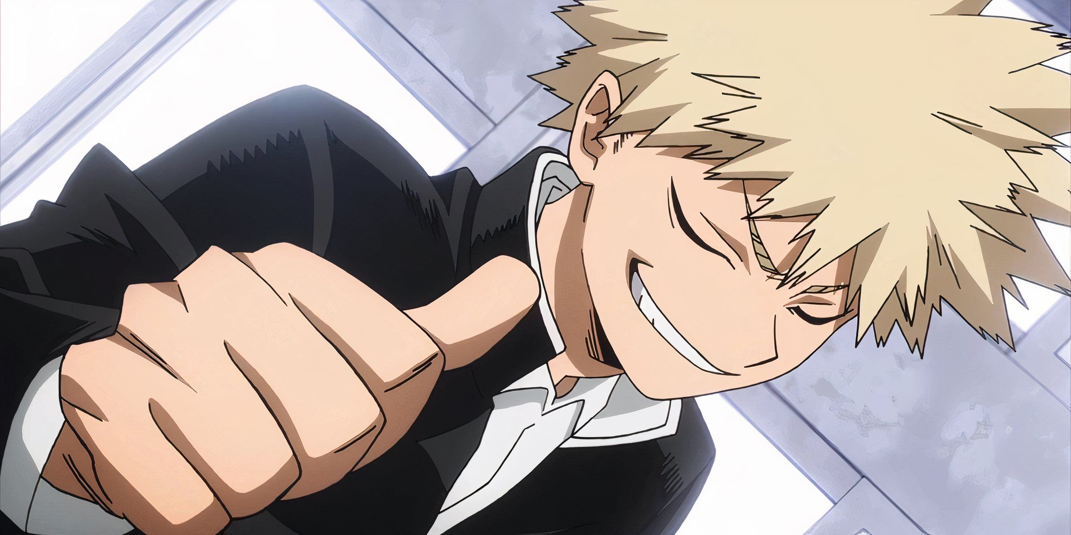 Bakugo smiles and points his thumb to his face.