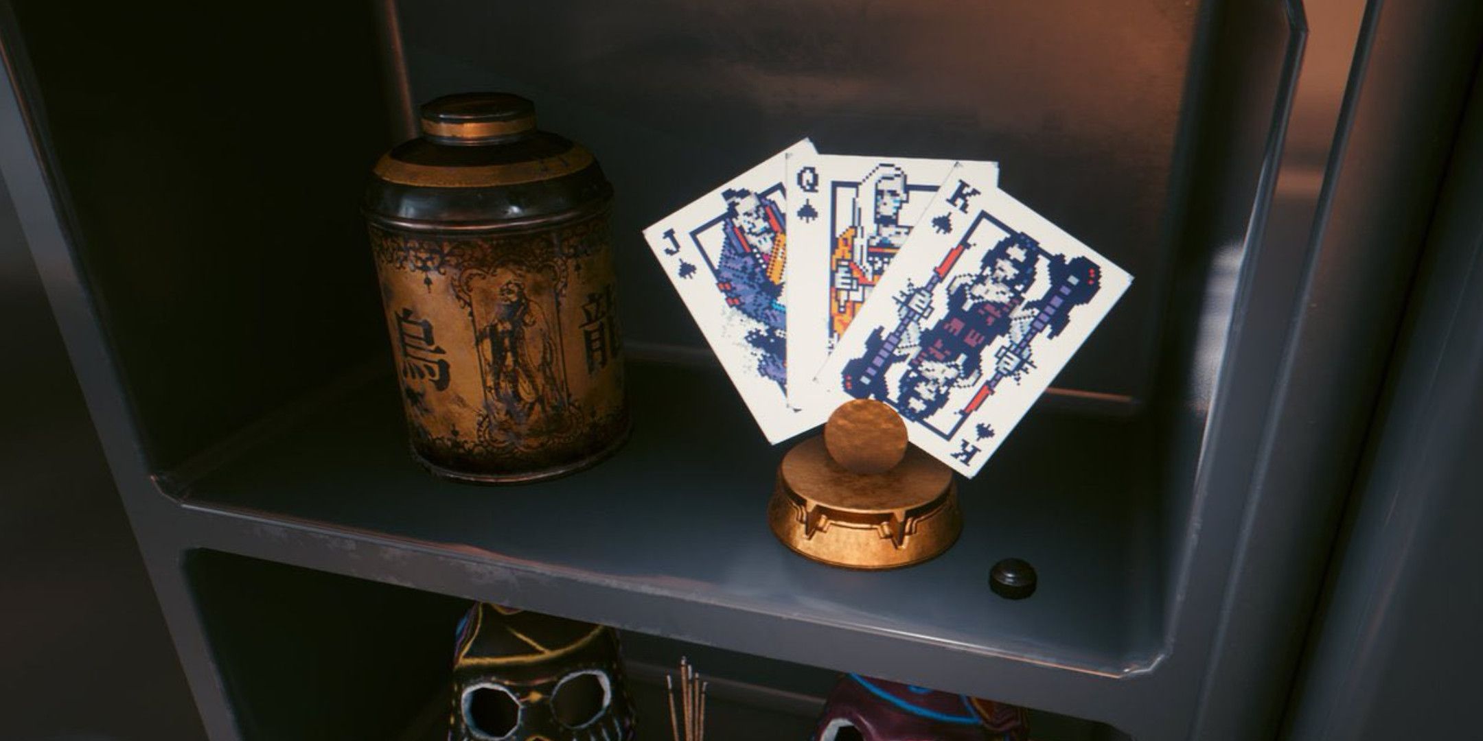 Balatro cards on a shelf in V's apartment