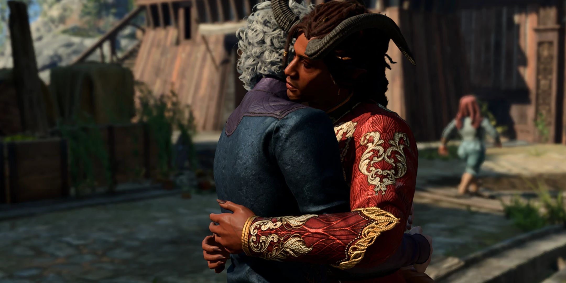 Astarion and Wyll hugging each other in Baldur's Gate 3