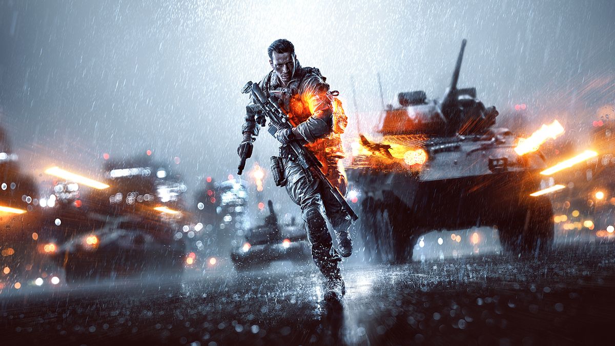 Battlefield 4 player running in front of tanks.