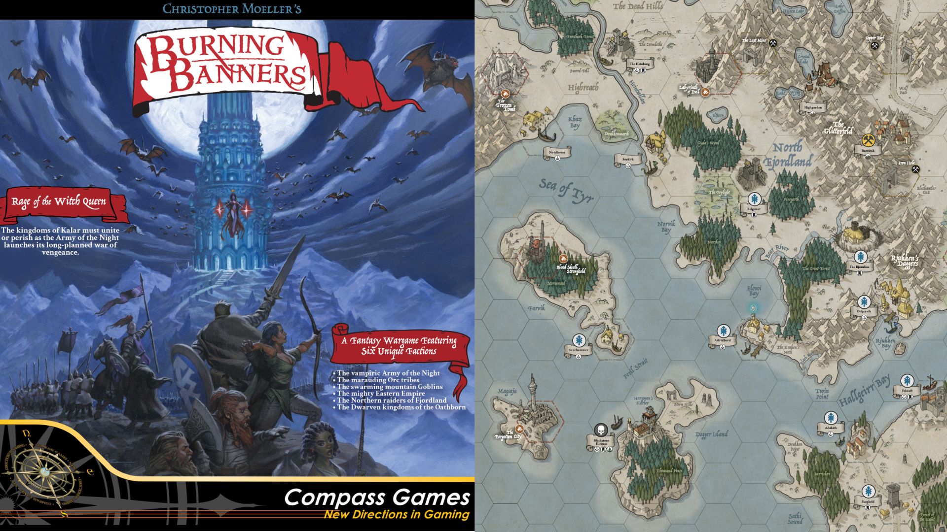 Burning Banners Tabletop rpg box art and maps side by side.